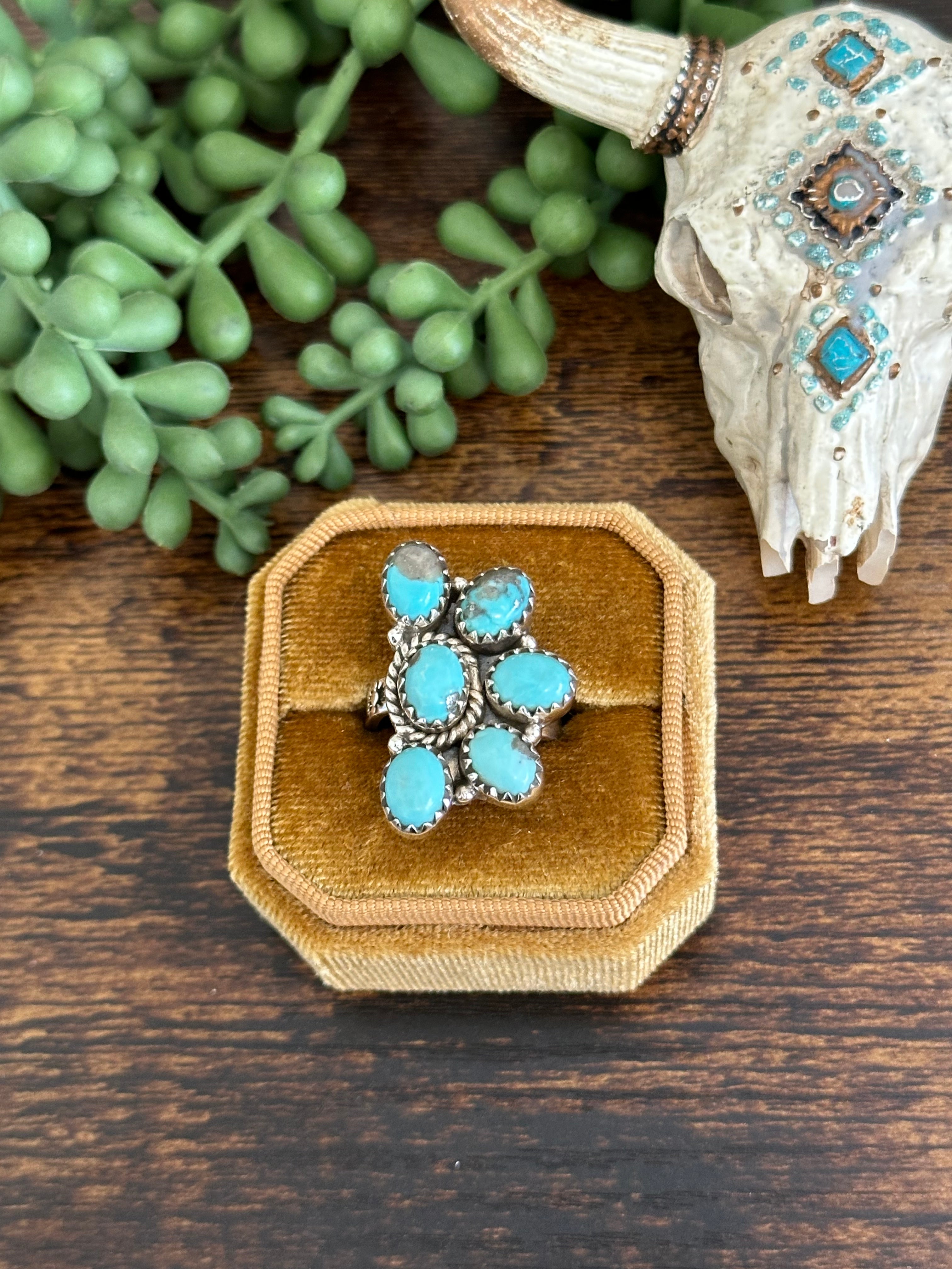 Southwest Handmade Kingman Turquoise & Sterling Silver Adjustable Cluster Ring