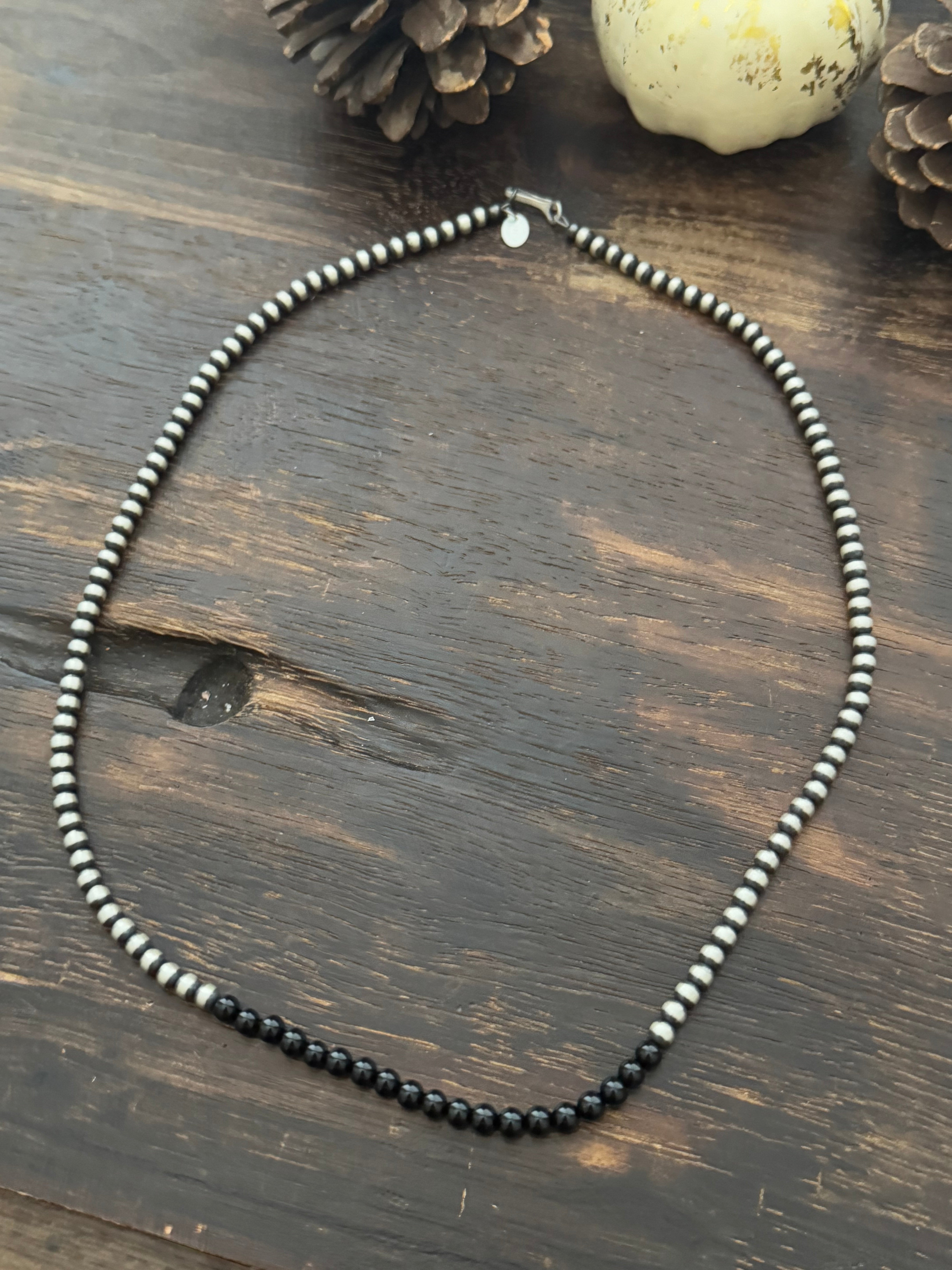 Navajo Strung Onyx & Sterling Silver Pearls Beaded Necklace