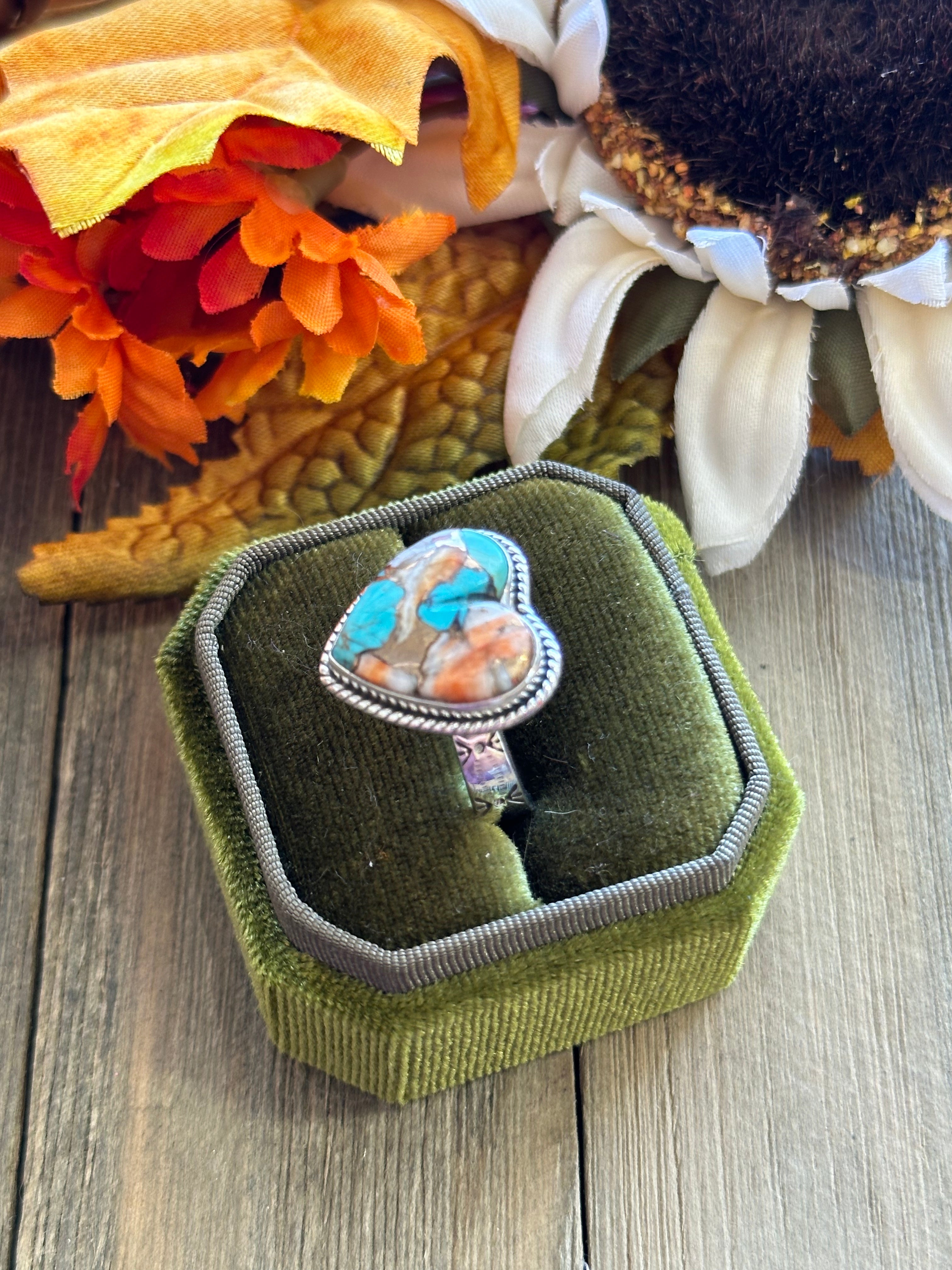 Southwest Handmade Mohave Turquoise & Sterling Silver Adjustable Heart Ring