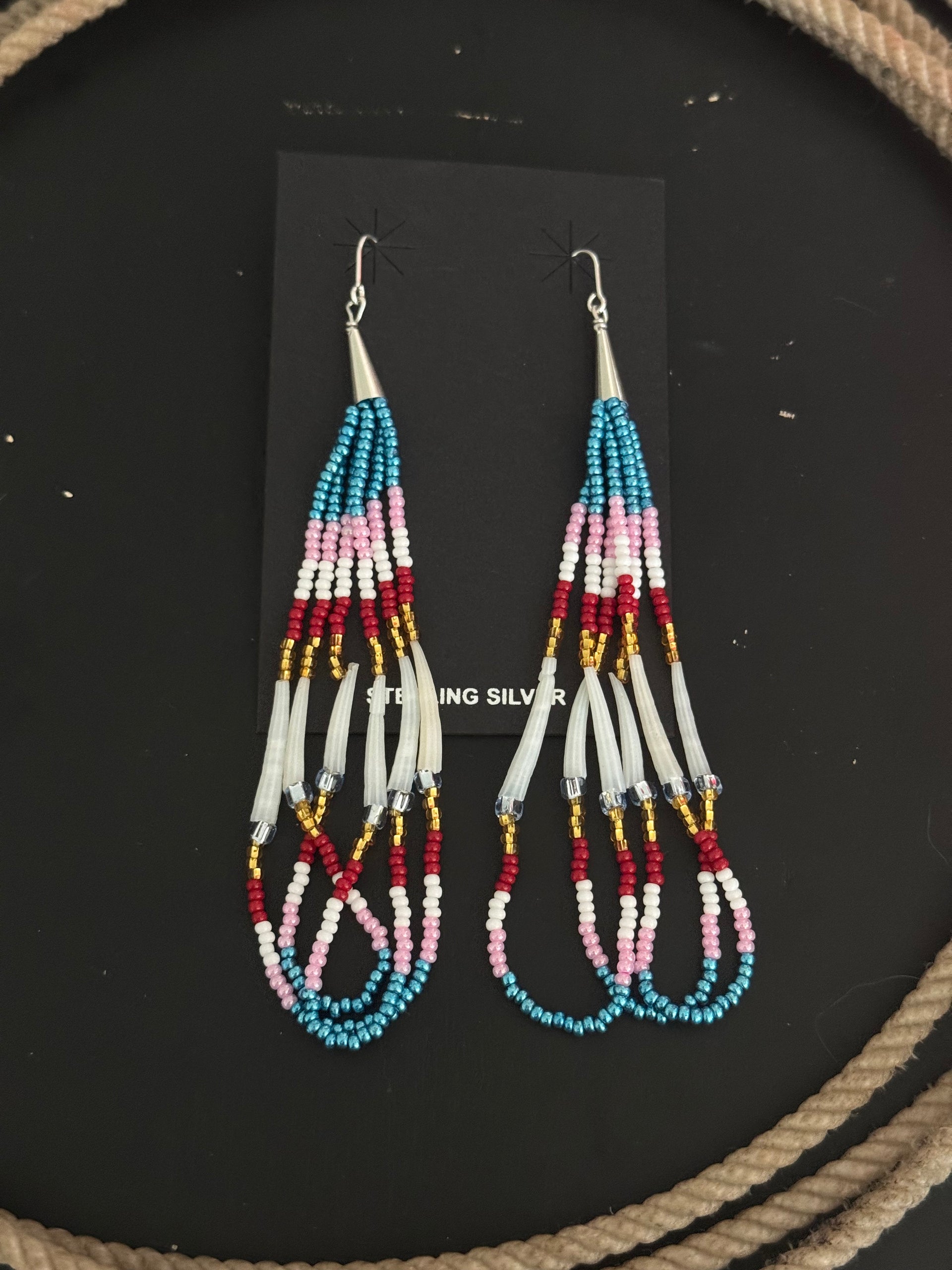 Navajo Strung Multi Stone & Sterling Silver Beaded Dangle Earrings