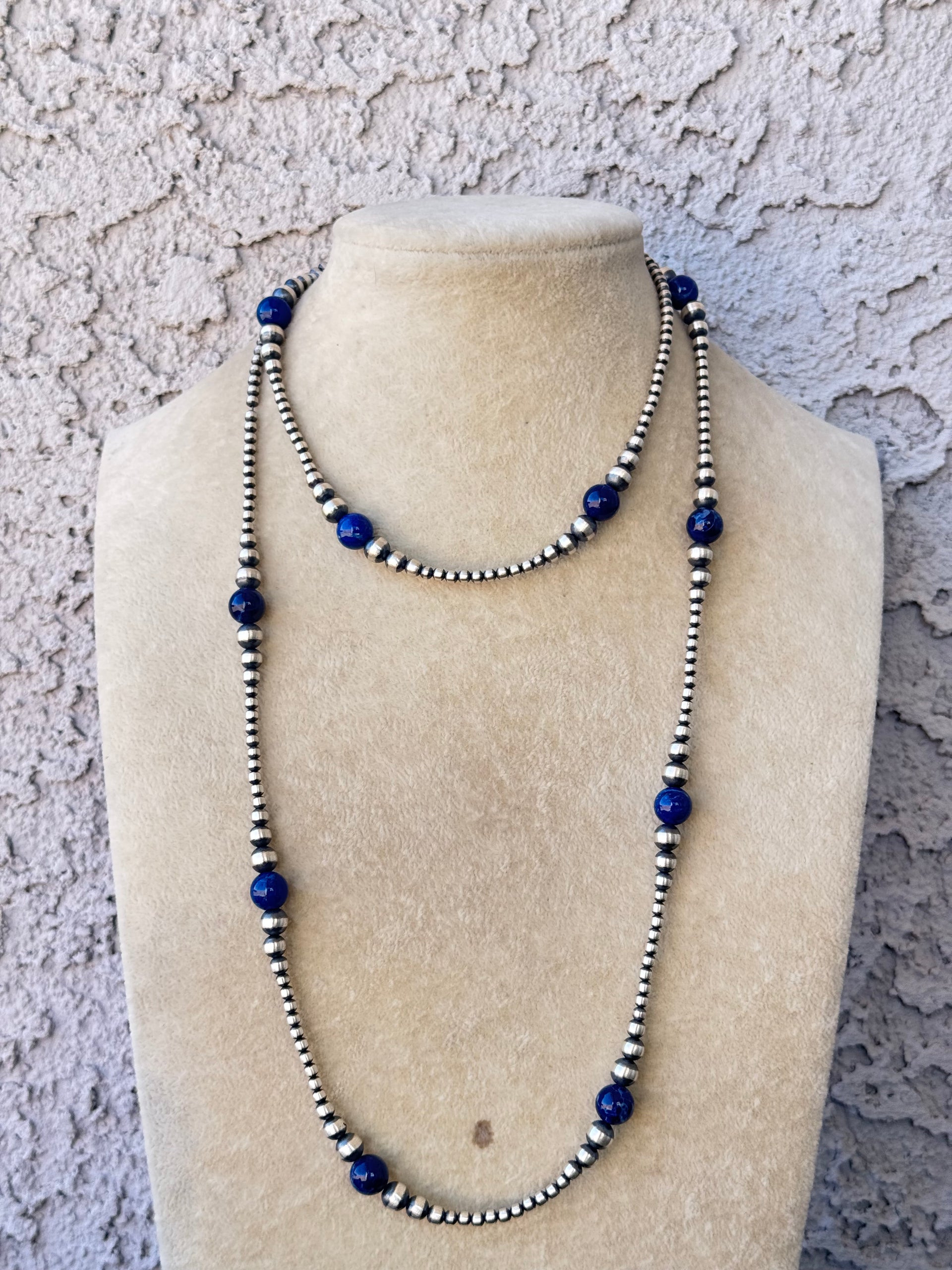 Navajo Strung Lapis & Sterling Silver Graduated Pearl Necklace