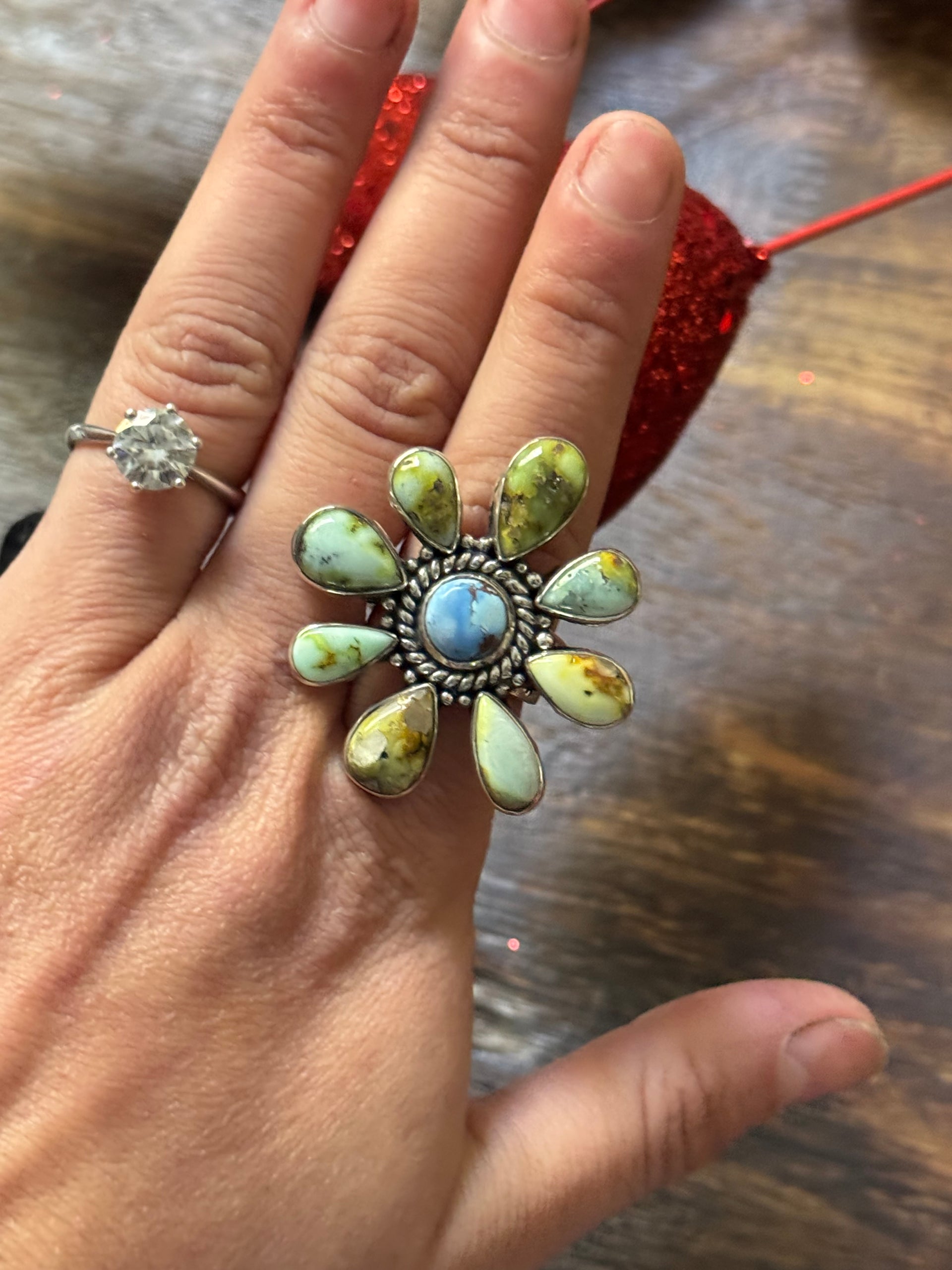 Southwest Handmade Multi Stone & Sterling Silver Adjustable Cluster Ring