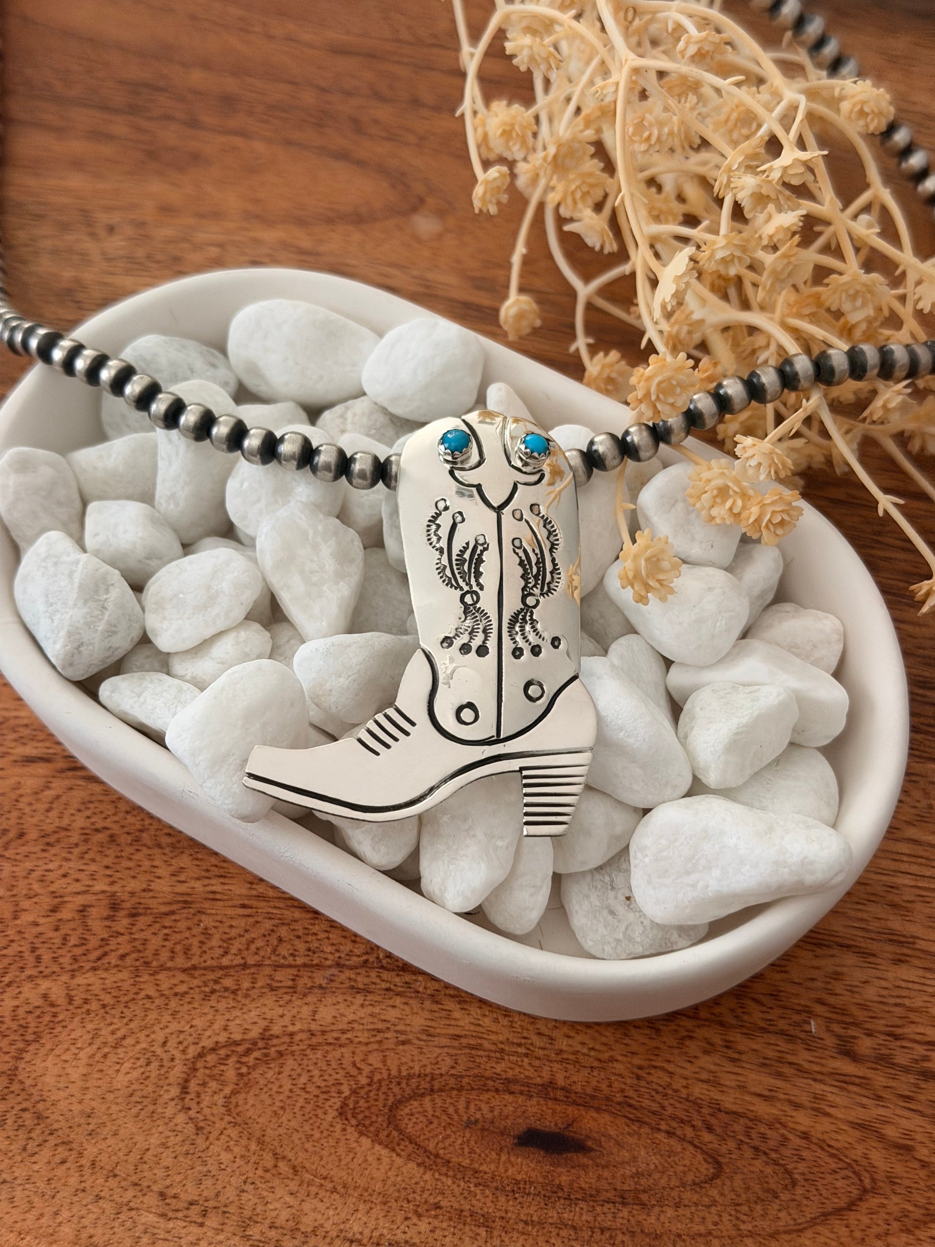 Navajo Made Kingman Turquoise & Sterling Silver Boot Pendant