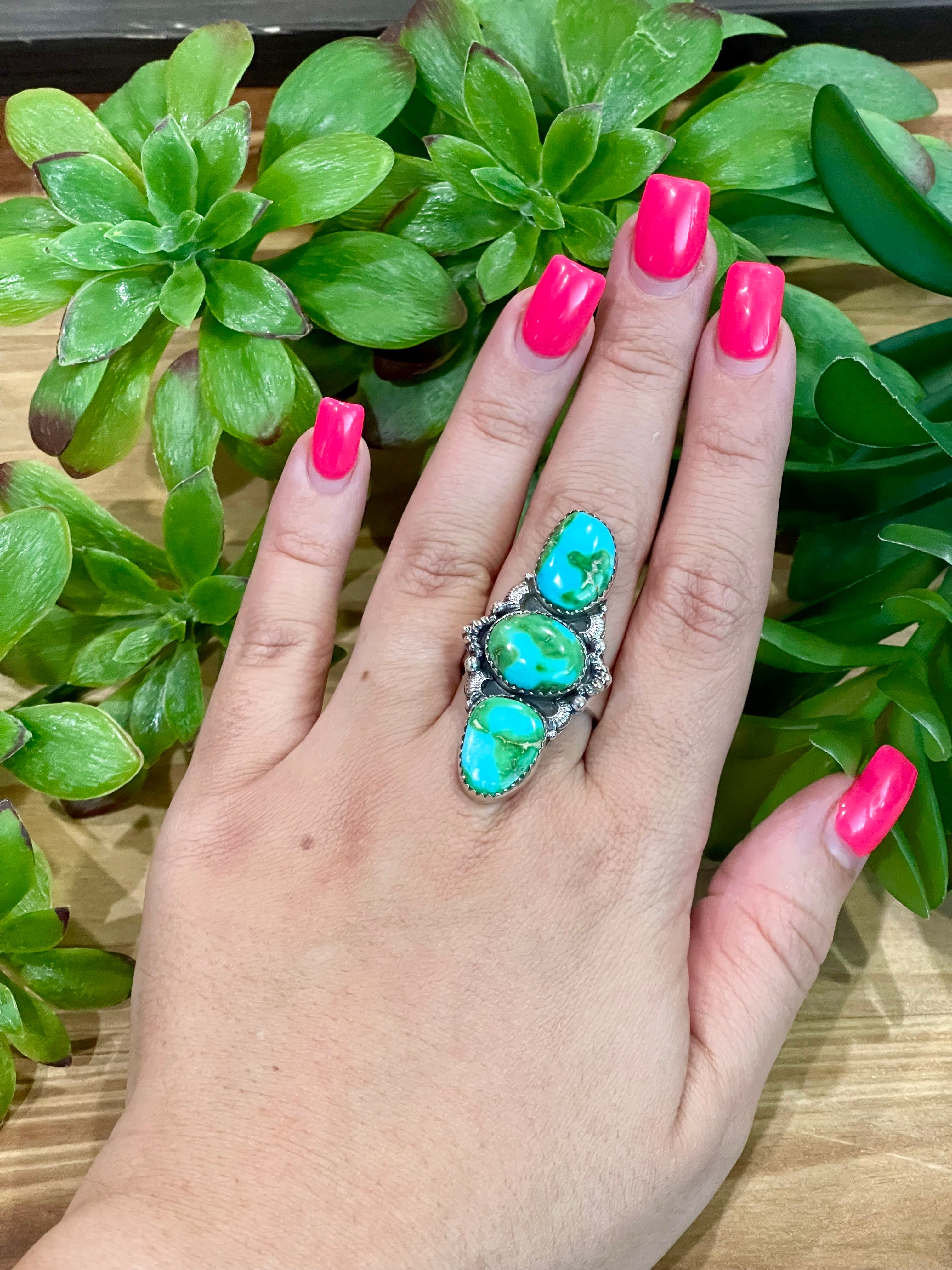 Southwest Handmade Sonoran Mountain Turquoise & Sterling Silver 3 Stone Adjustable Ring