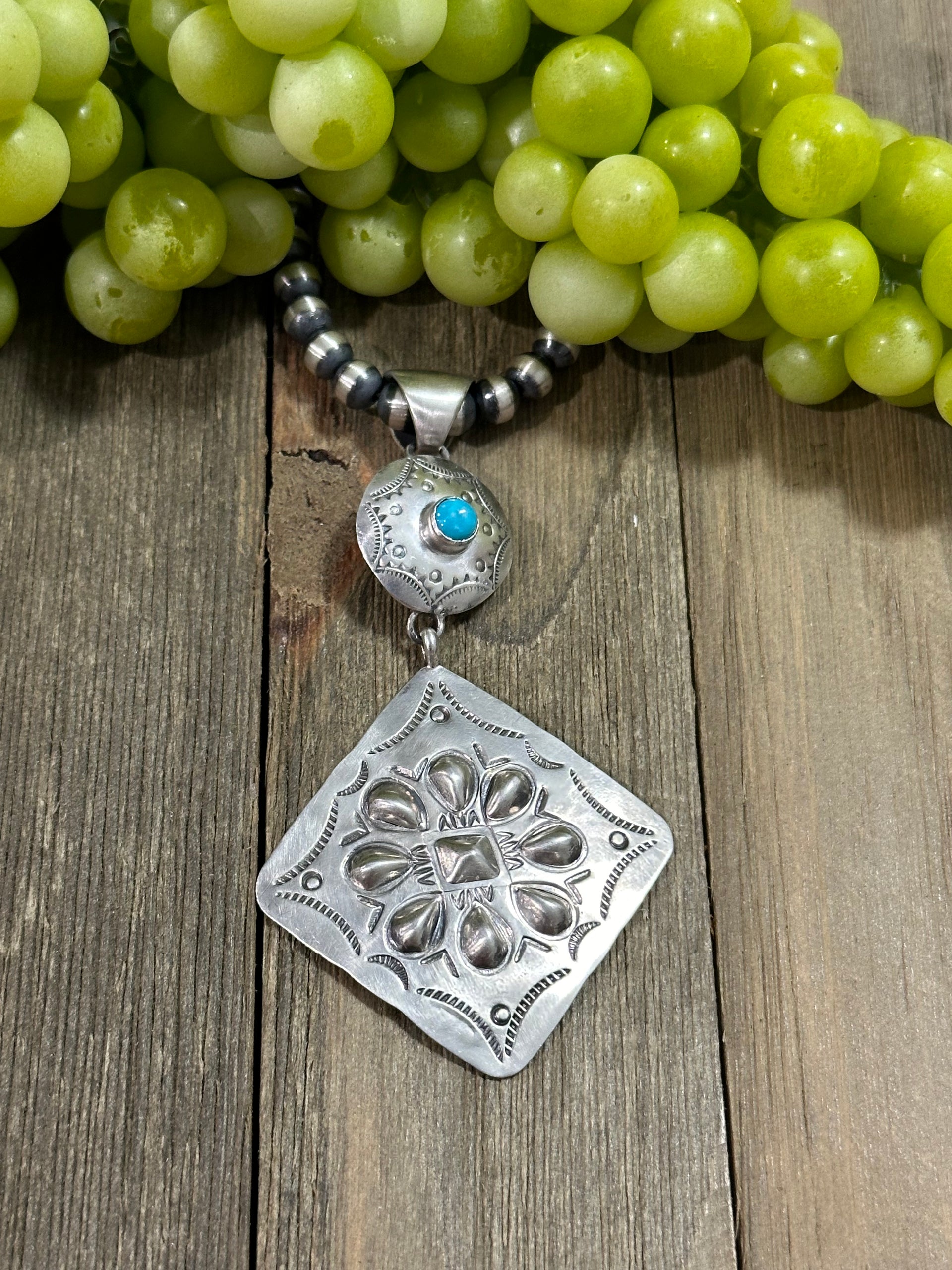 Navajo Made Kingman Turquoise & Sterling Silver Concho Pendant