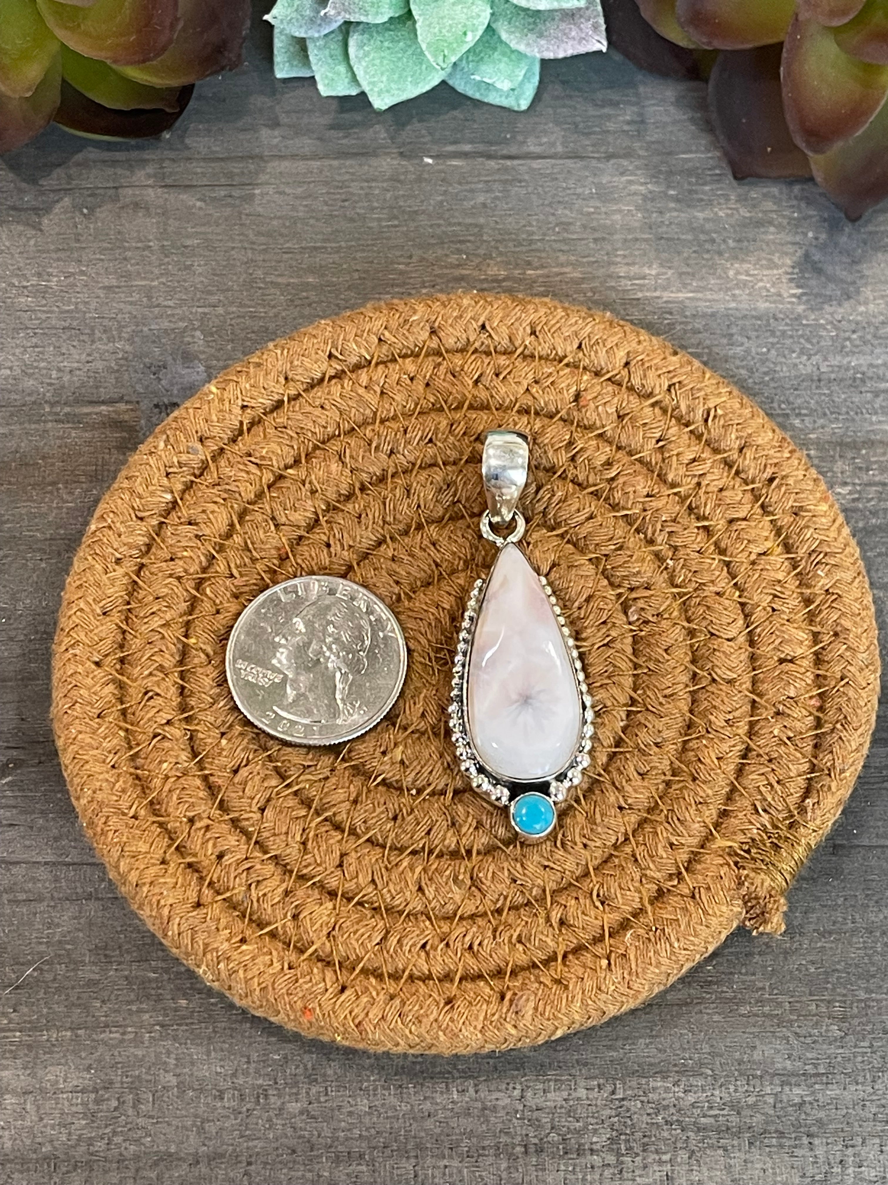 Southwest Handmade Pink Larimar And Kingman Turquoise & Sterling Silver Pendant