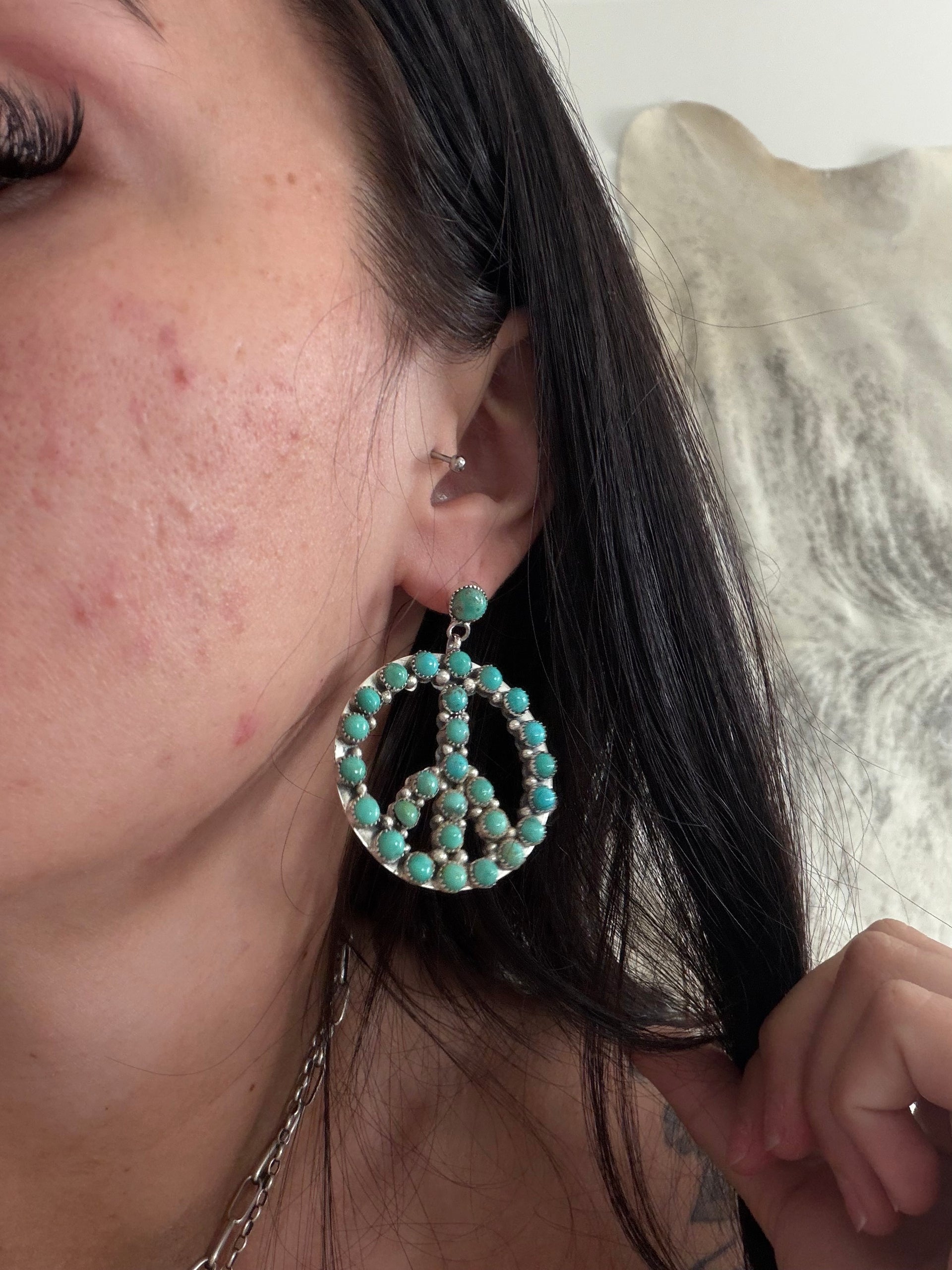 Navajo Made Kingman Turquoise & Sterling Silver Post Dangle Peace Sign Cluster Earrings