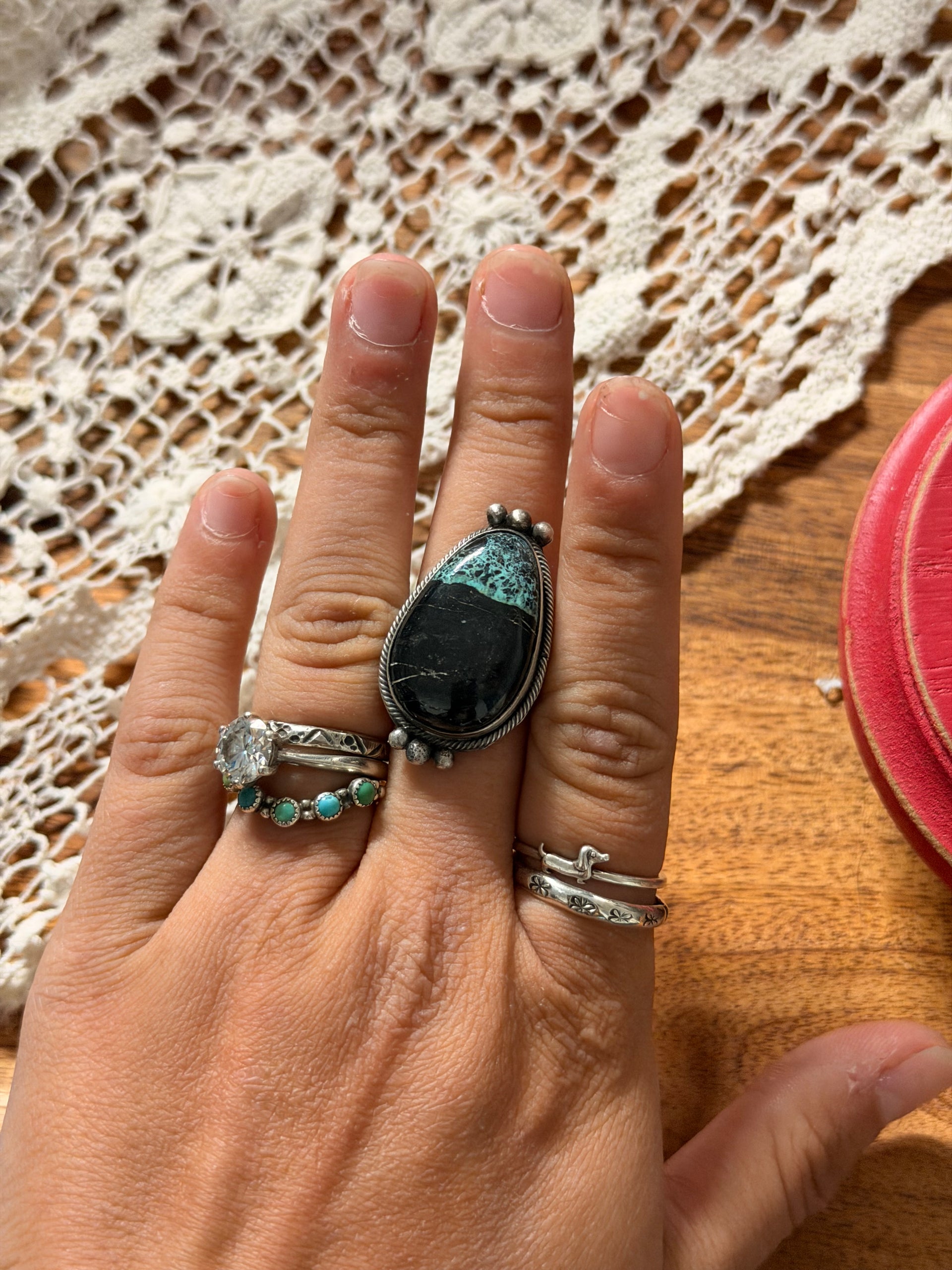 Scott Skeets Black Jack Turquoise & Sterling Silver Ring Size 7.5