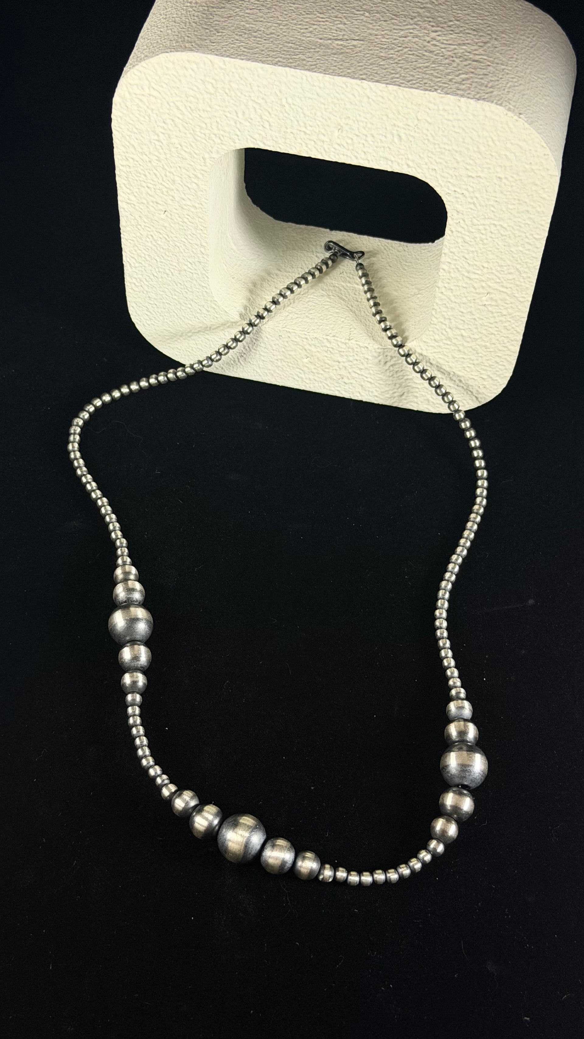 Navajo Strung Graduated Sterling Silver Pearls Beaded Machine Made 24” Necklace