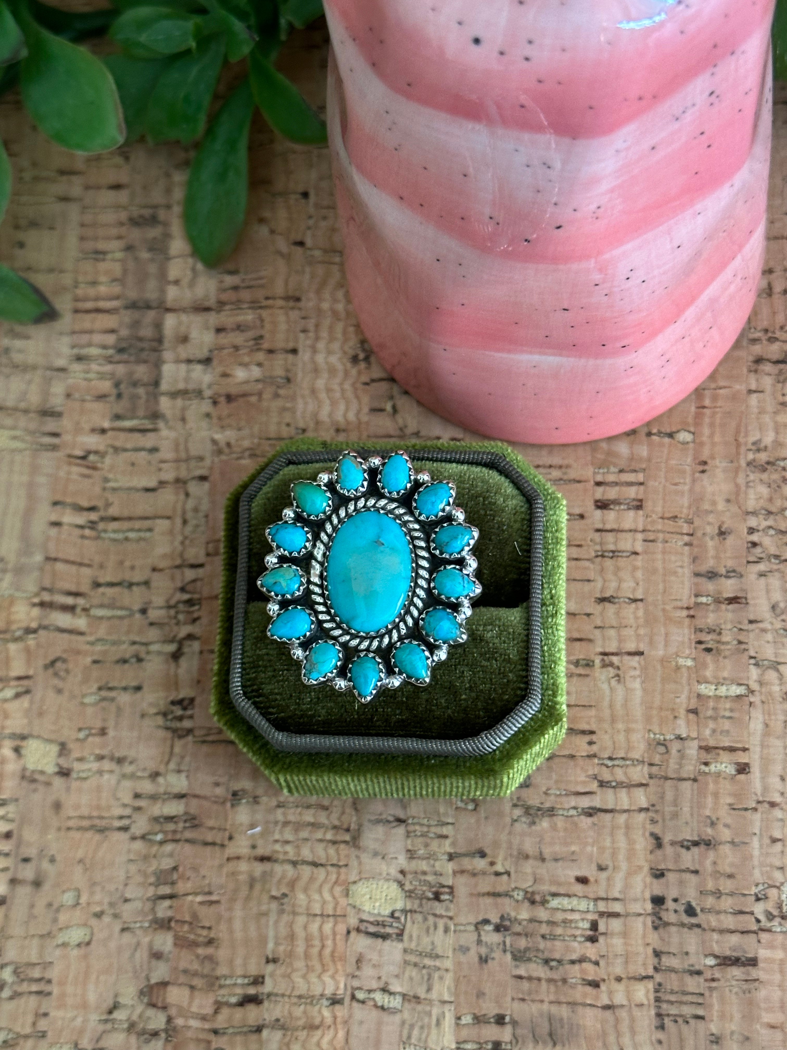 Southwest Handmade Kingman Turquoise & Sterling Silver Adjustable Cluster Ring