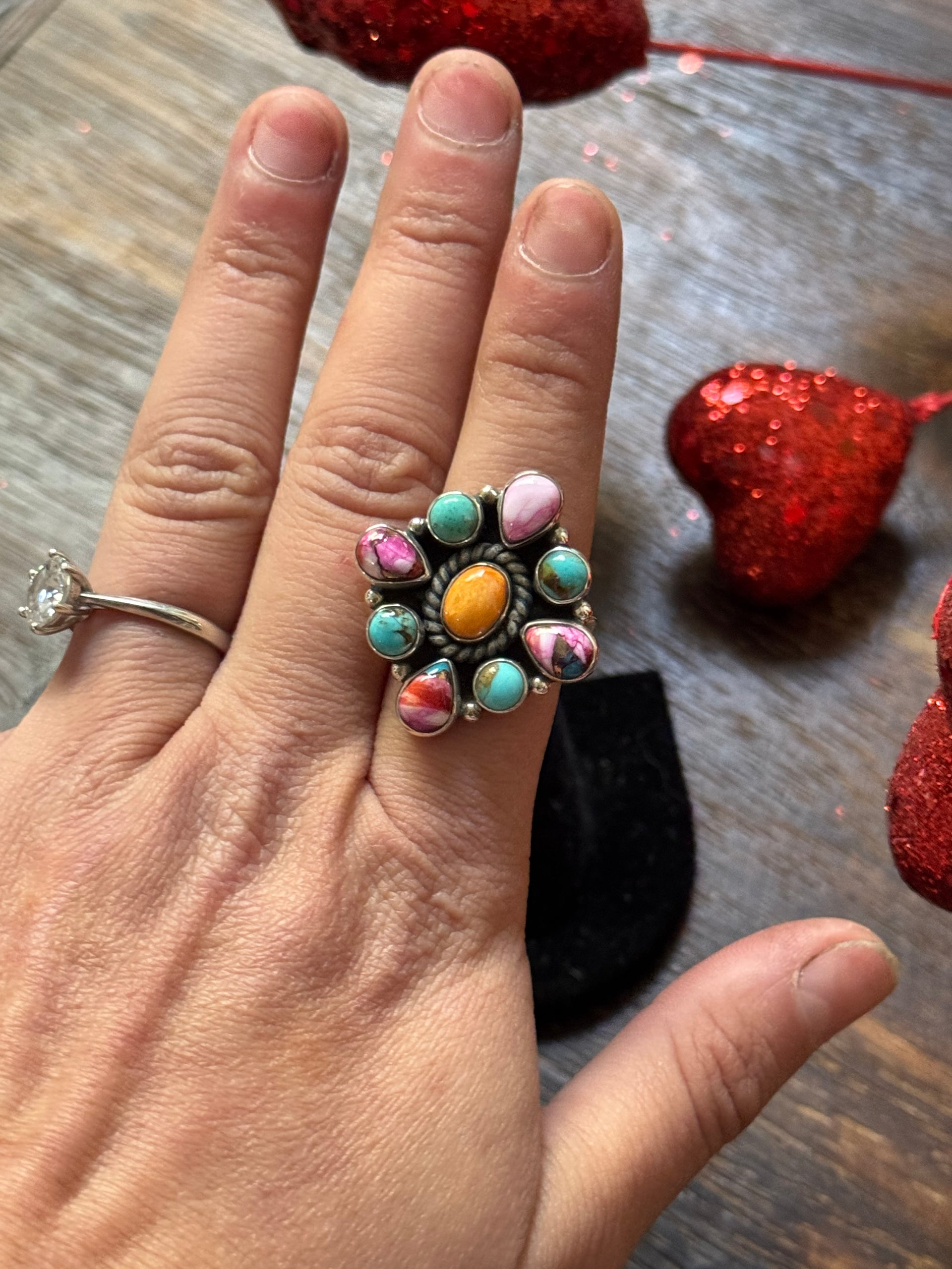 Southwest Handmade Multi Stone & Sterling Silver Adjustable Cluster Ring
