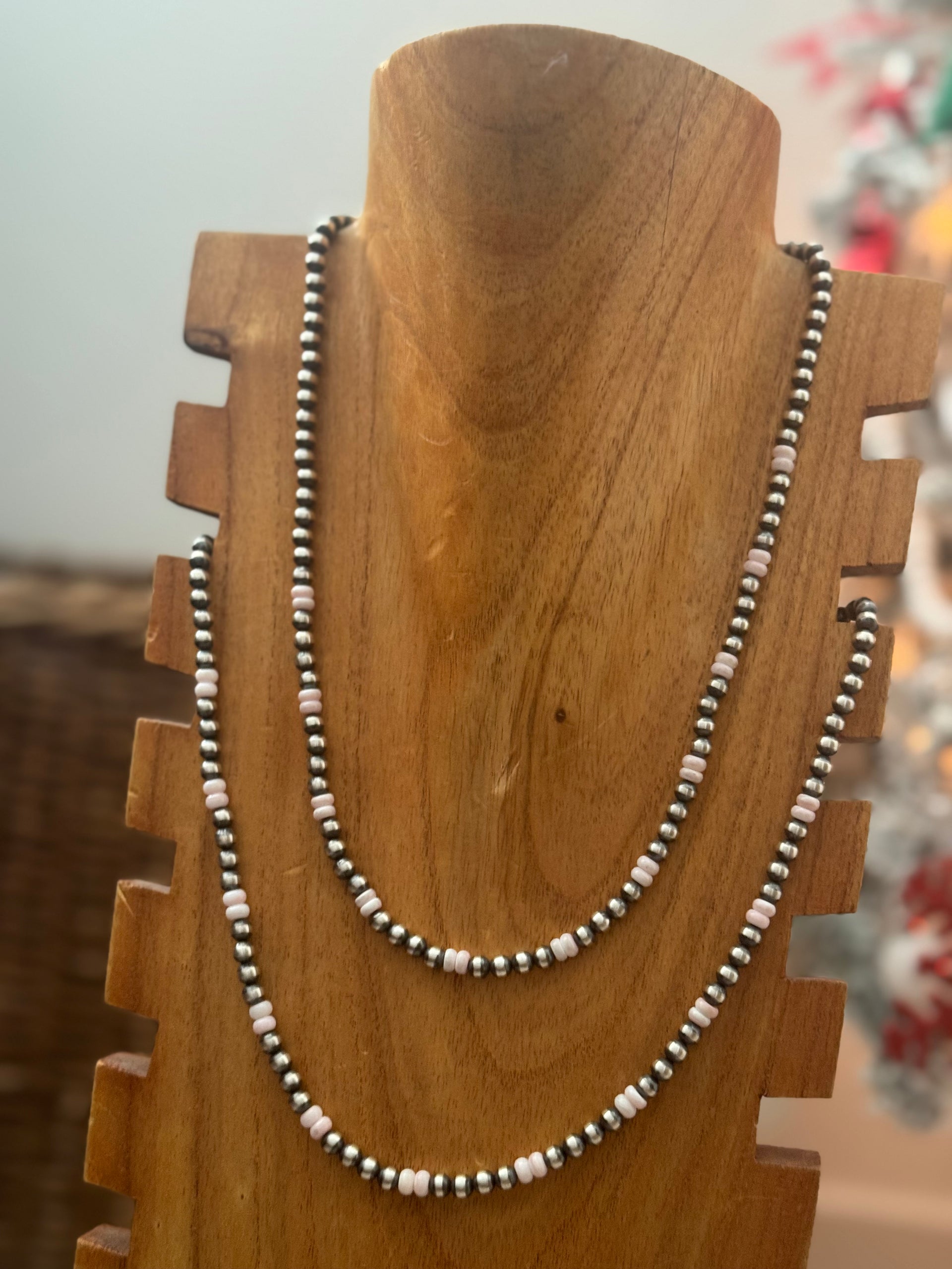 Navajo Strung Pink Conch & Sterling Silver Pearl Necklace