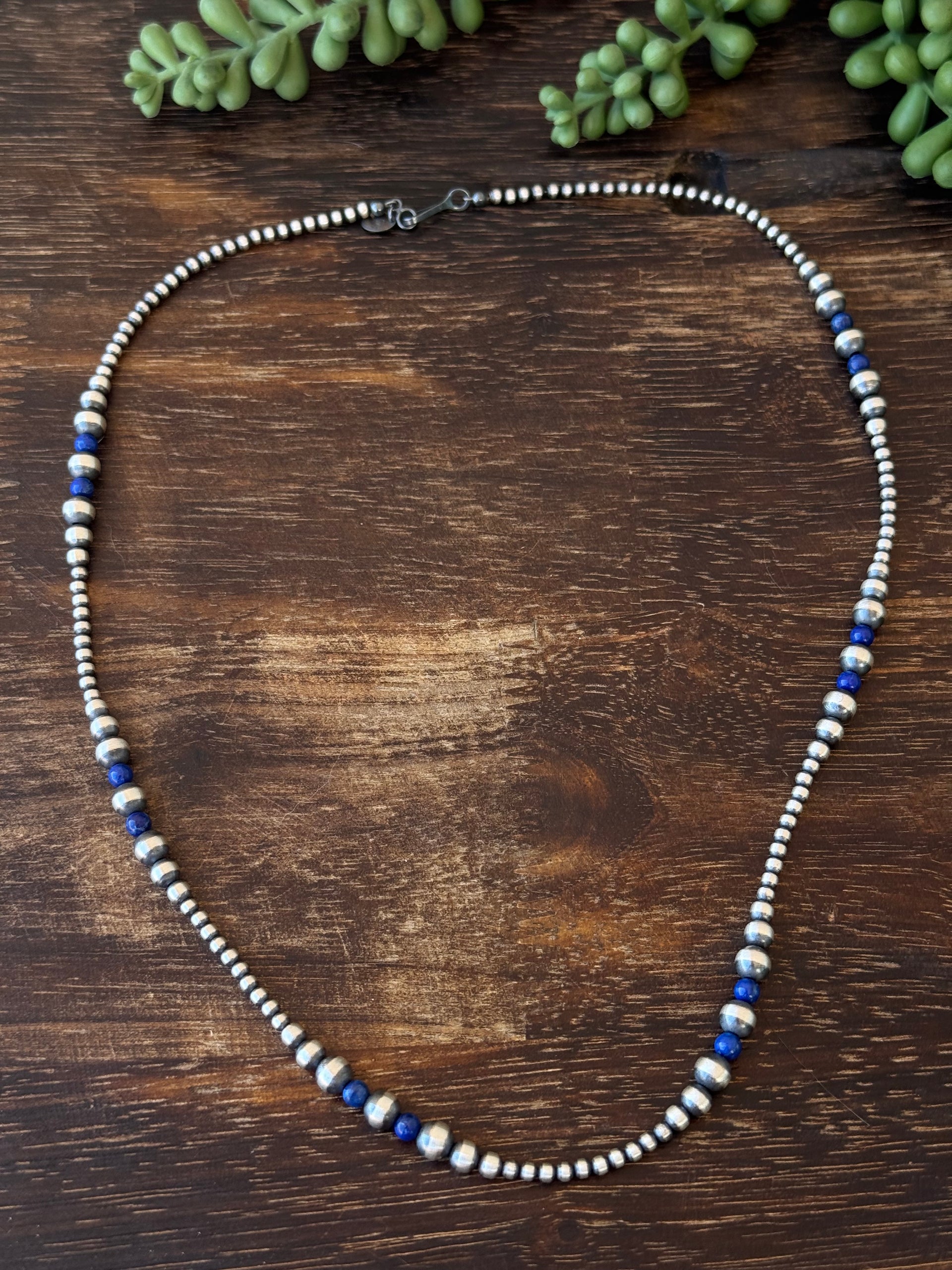 Navajo Strung Lapis & Sterling Silver Graduated Pearl Necklace