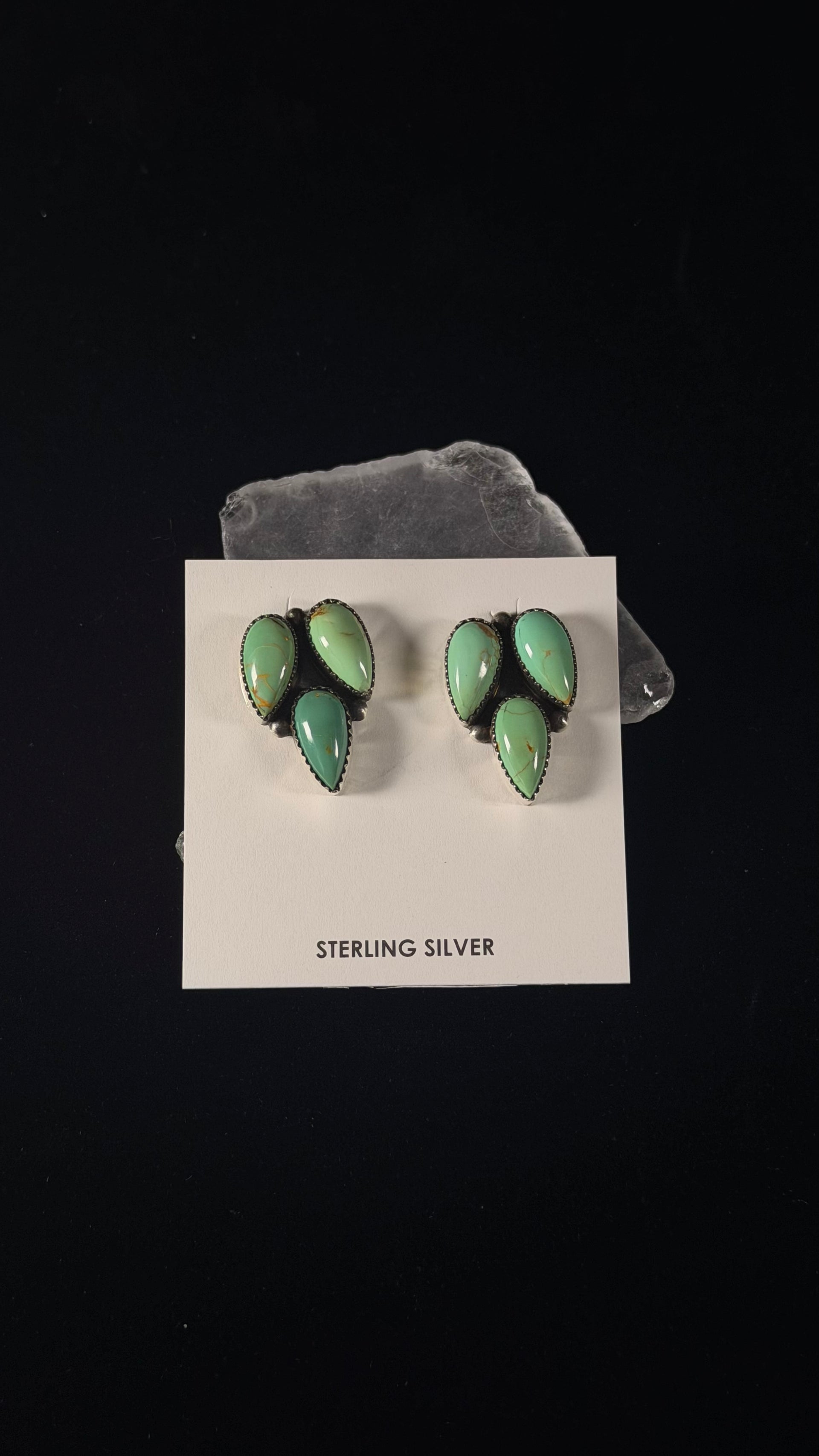 Navajo Made Kingman Turquoise & Sterling Silver Post Dangle Cluster Earrings
