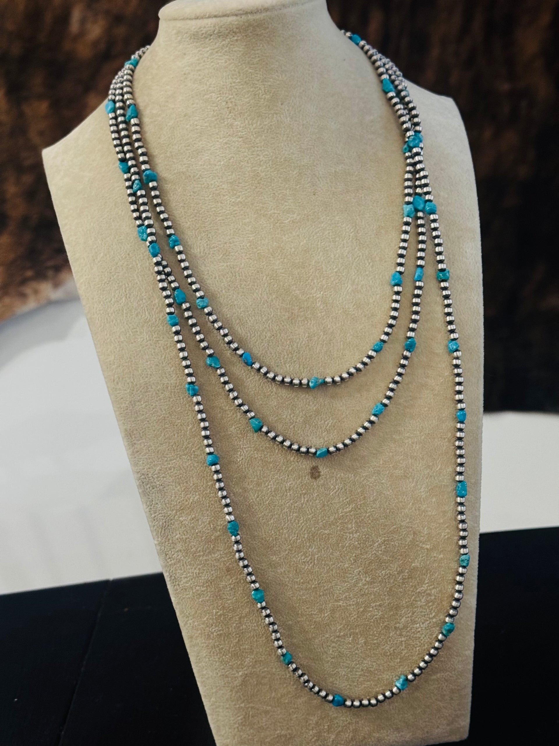 Navajo Made Strung Kingman Turquoise & Sterling Silver Necklace