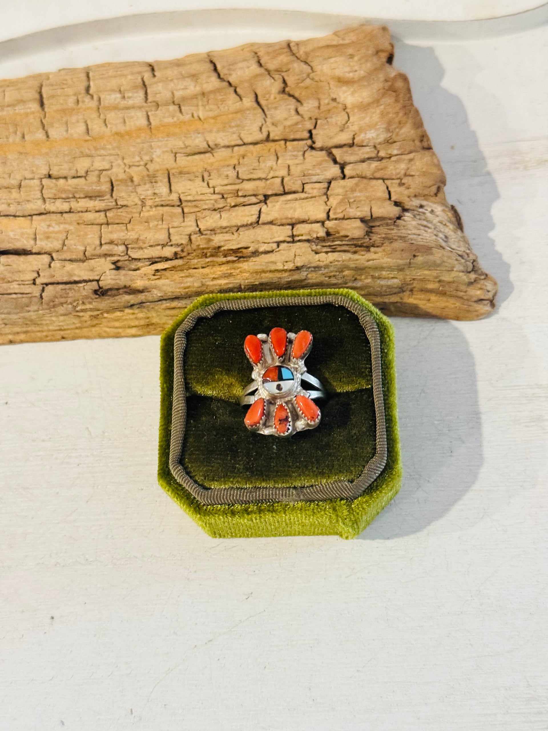 Zuni Made Multi Stone & Sterling Silver Sunface Cluster Ring Size 6.5