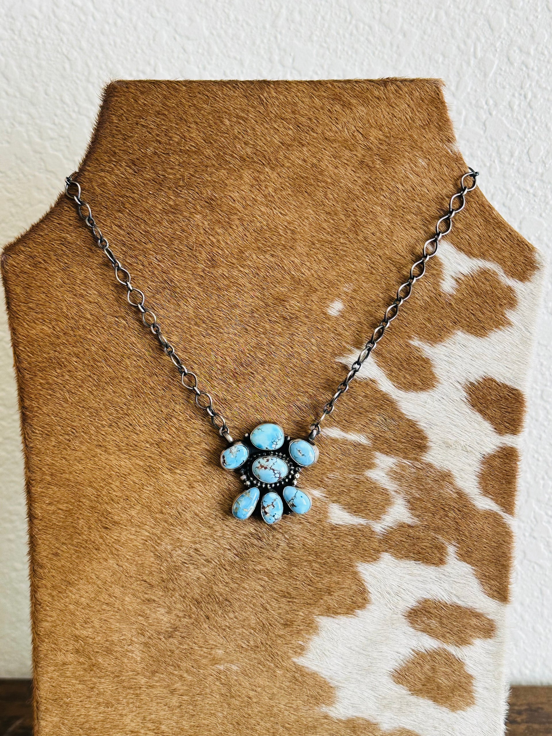 Navajo Made Golden Hills Turquoise & Sterling Silver Cluster Necklace