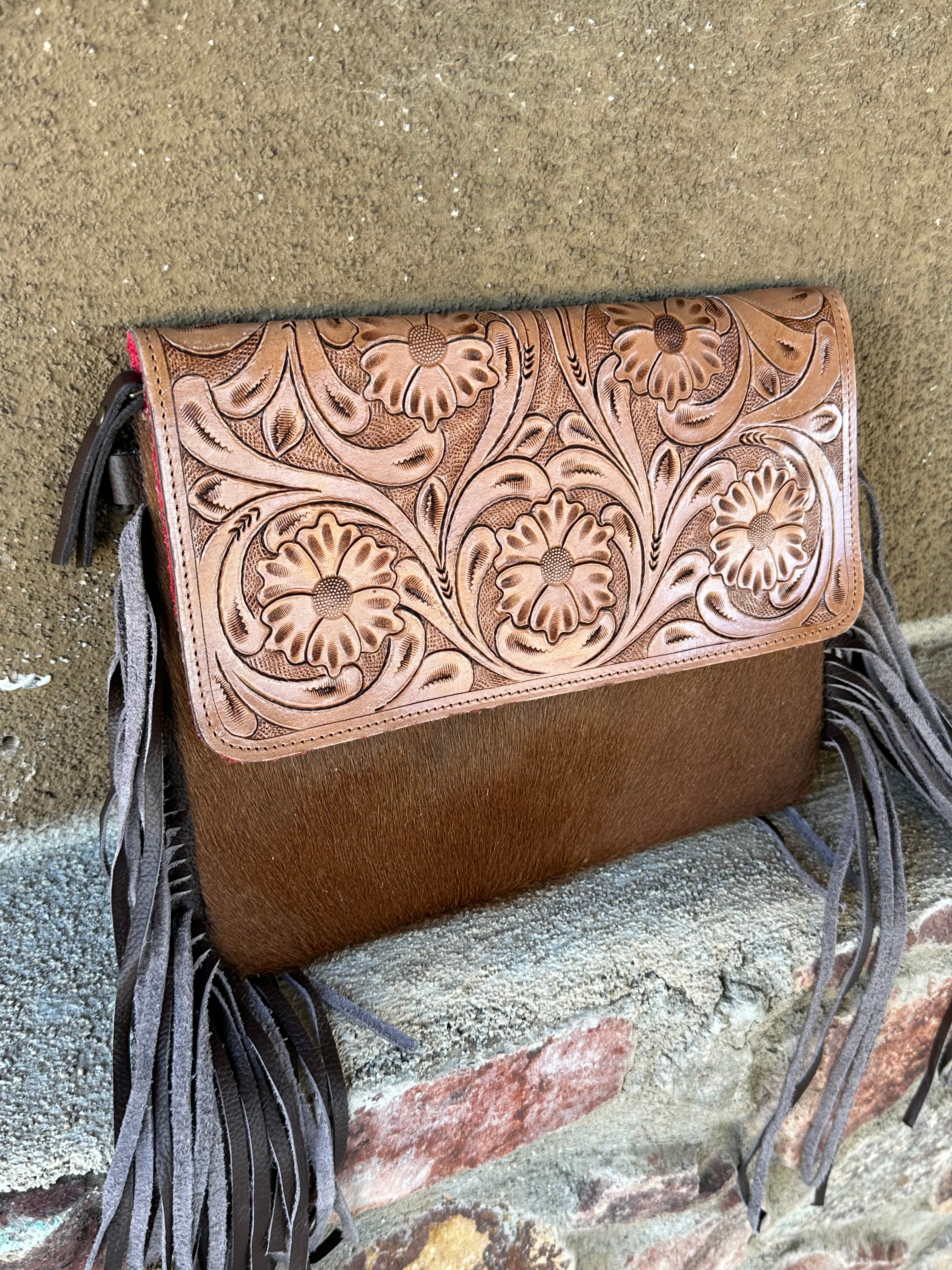 Genuine Tooled Leather & Cowhide FringePurse