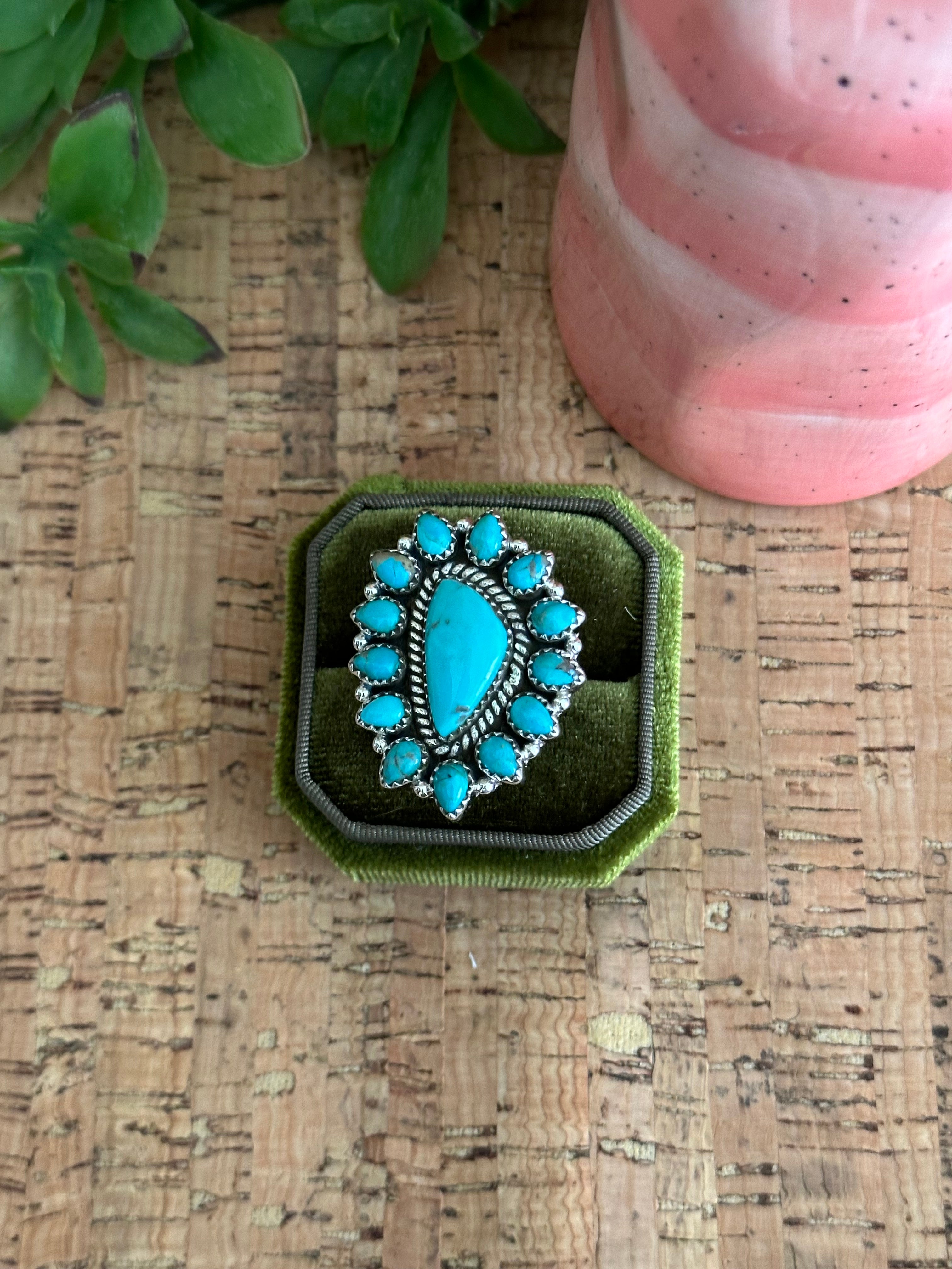 Southwest Handmade Kingman Turquoise & Sterling Silver Adjustable Cluster Ring