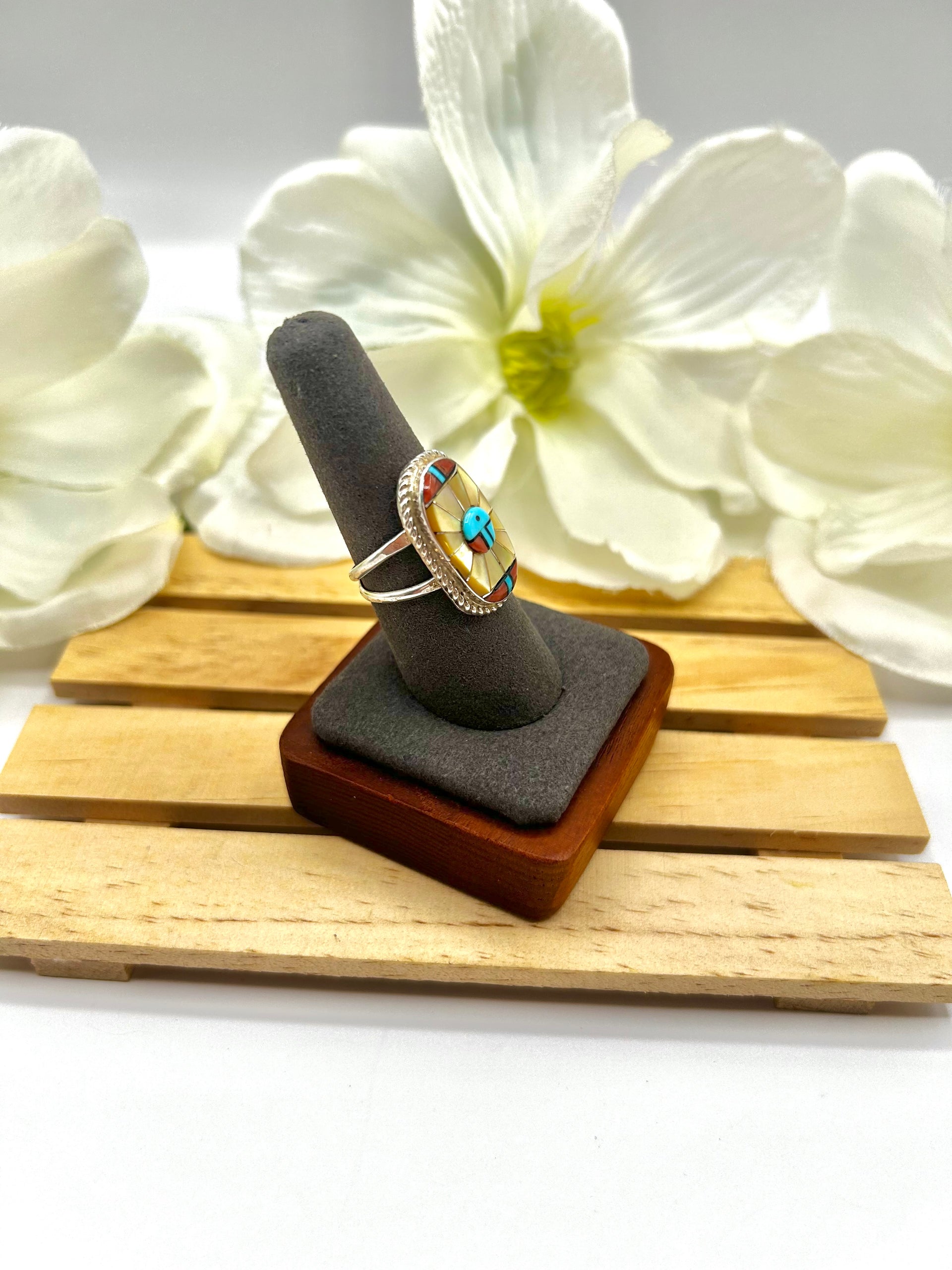 Zuni Made Multi Stone & Sterling Silver Ring Size 8.5