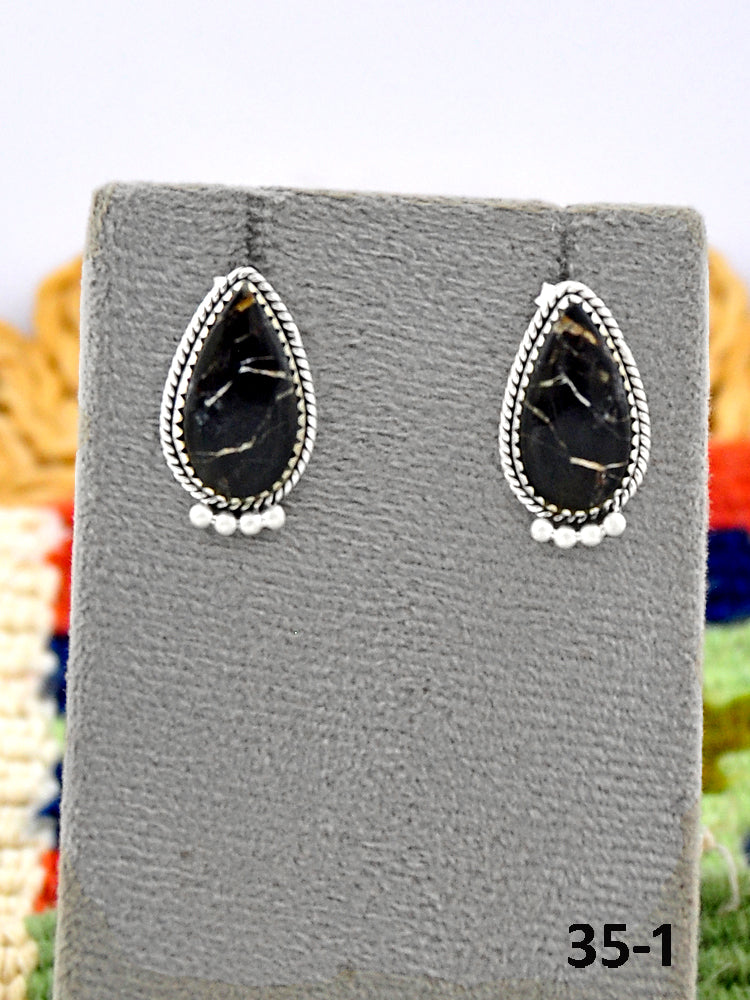 Southwest Made Black Jack Turquoise & Sterling Silver Post Earrings