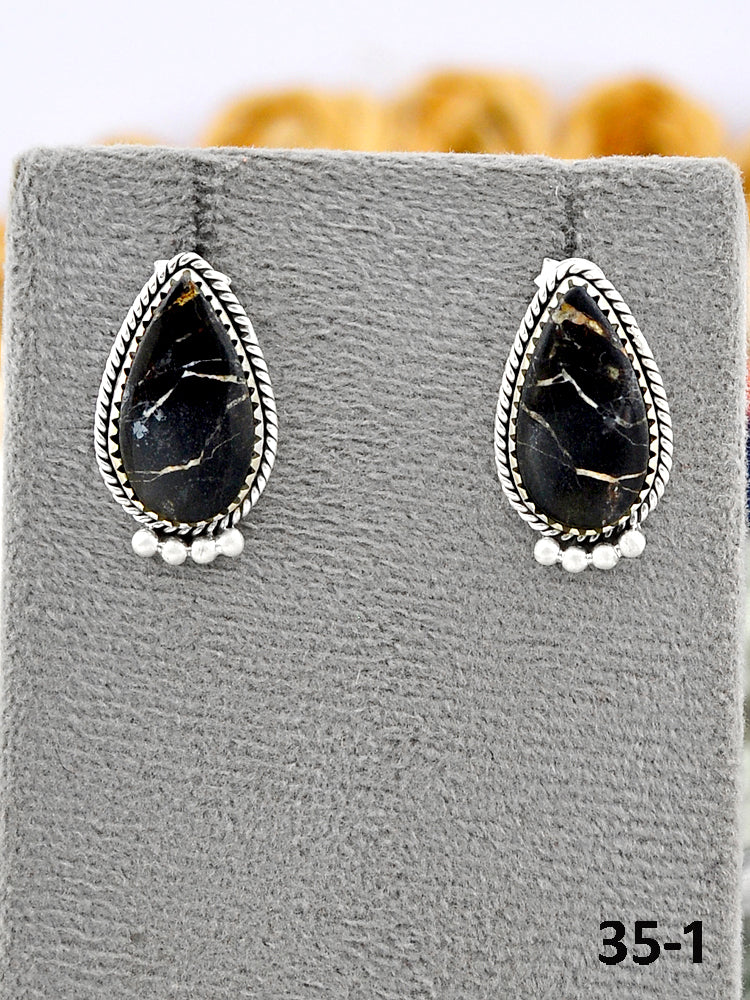 Southwest Made Black Jack Turquoise & Sterling Silver Post Earrings
