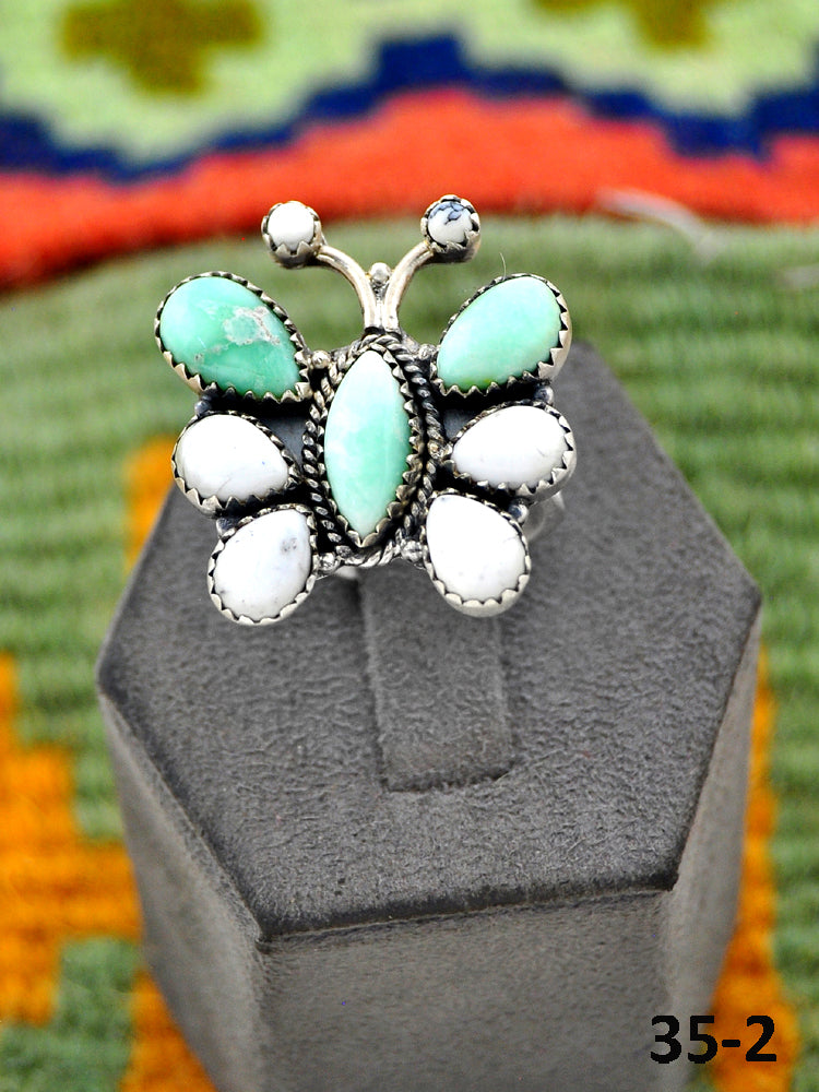Southwest Handmade Paloma with White Buffalo & Sterling Silver Adjustable Ring