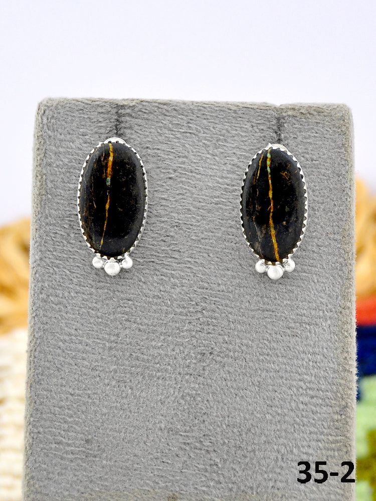 Southwest Made Black Jack Turquoise & Sterling Silver Post Earrings