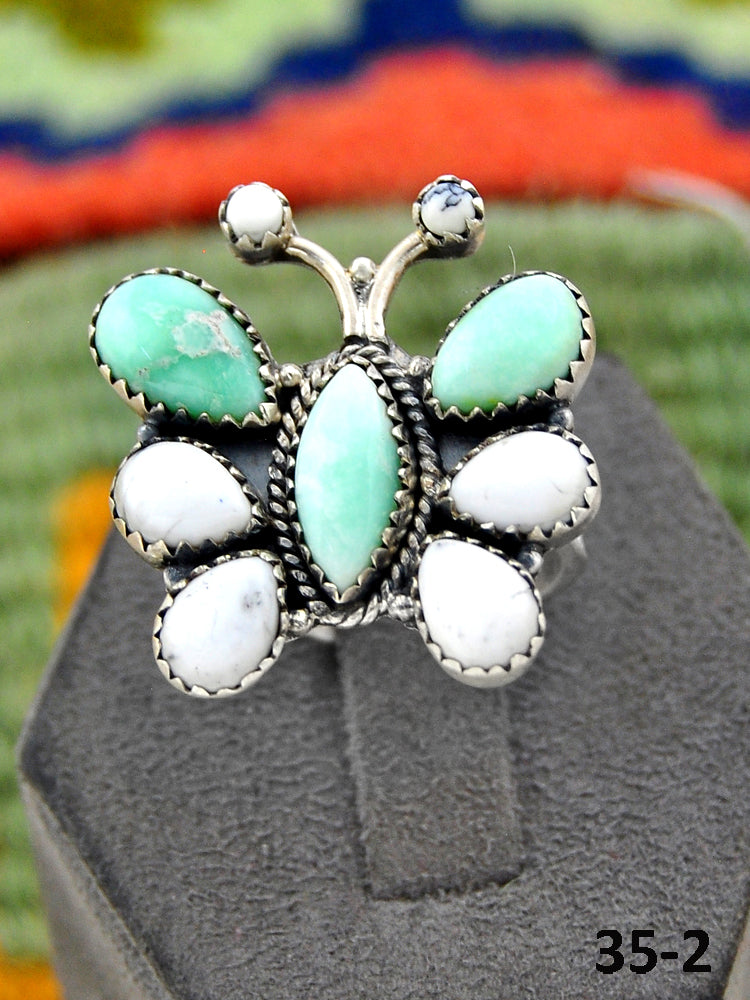 Southwest Handmade Paloma with White Buffalo & Sterling Silver Adjustable Ring