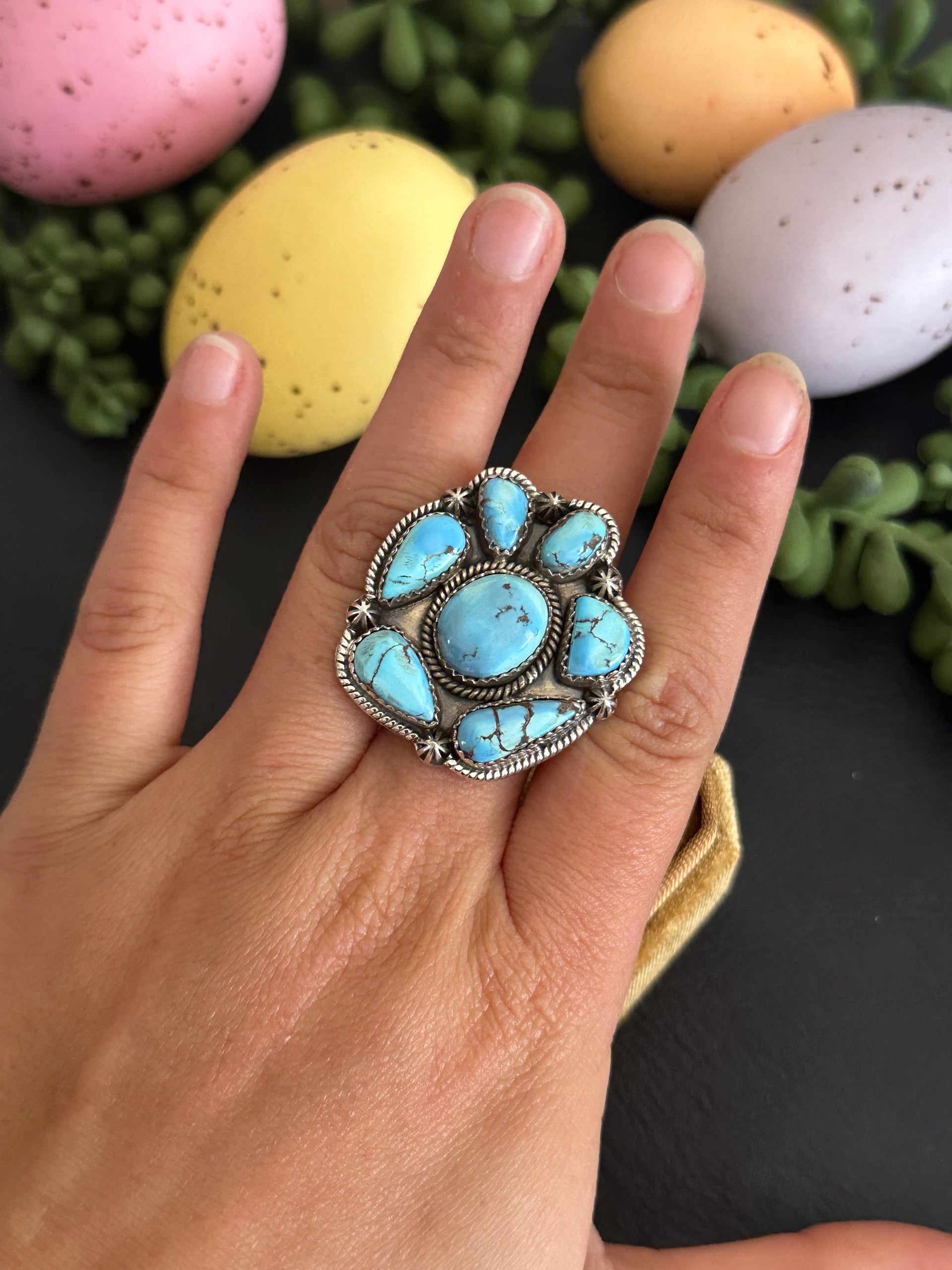 Southwest Handmade Golden Hills Turquoise & Sterling Silver Adjustable Cluster Ring