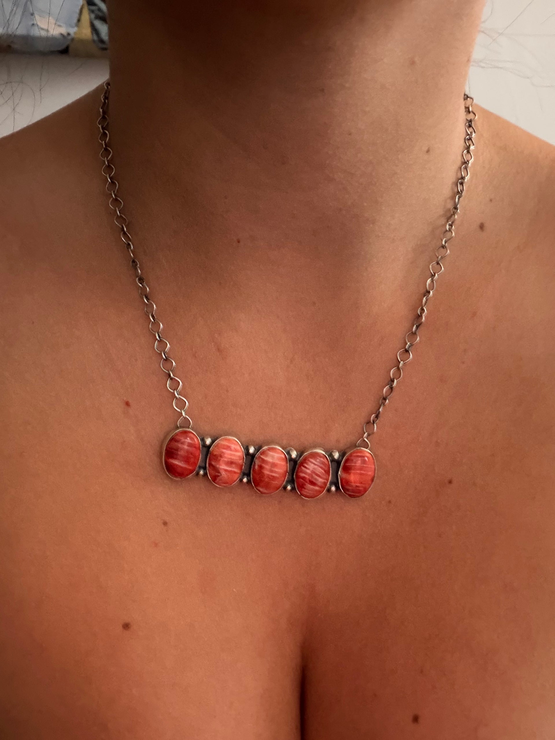 Sheila Tso Red Spiny Oyster & Sterling Silver Bar Necklace