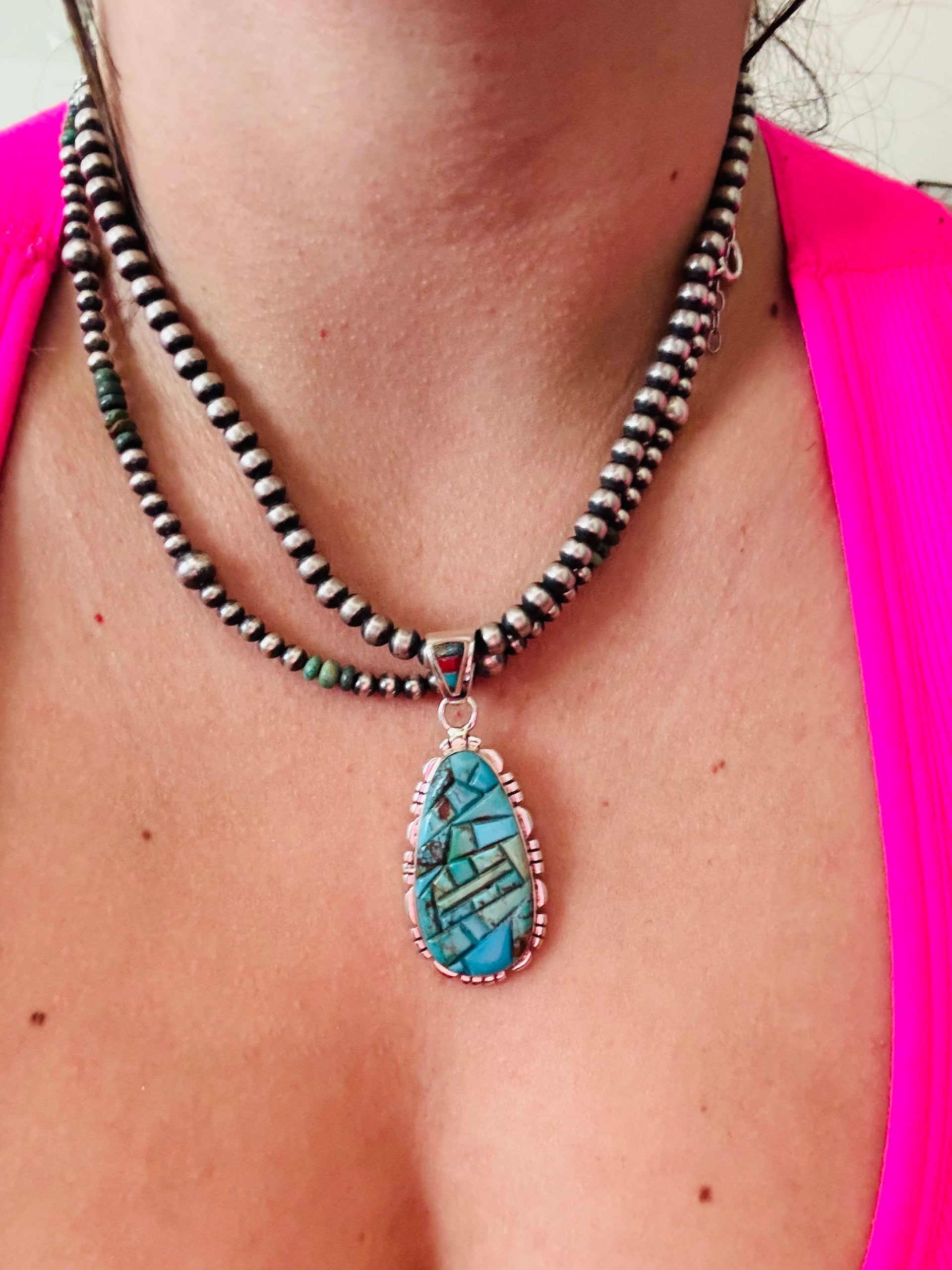 Southwest Multi Stone & Sterling Silver Cobblestone Pendant