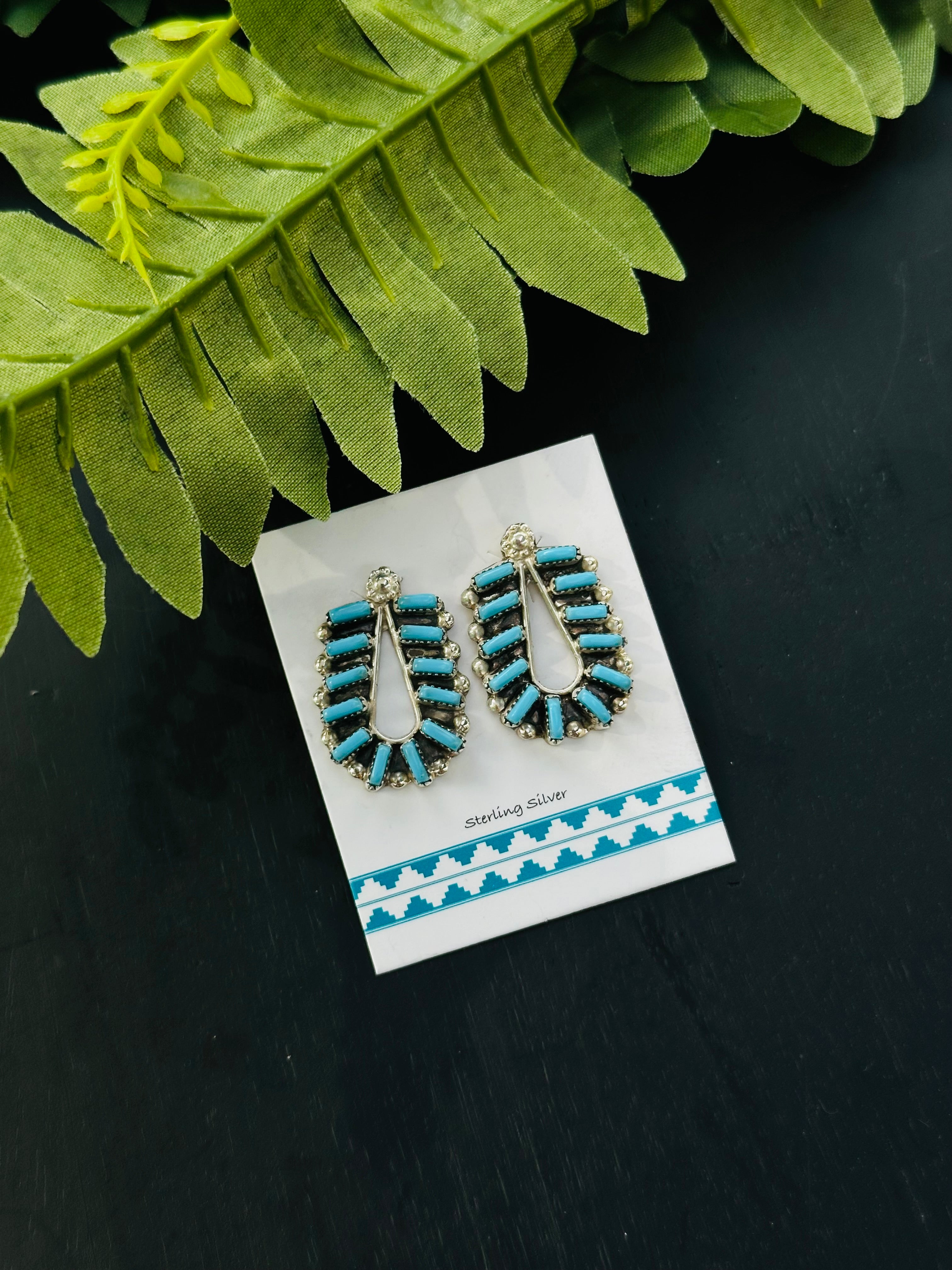 Zuni Made Turquoise Petite Point & Sterling Silver Post Dangle Earrings