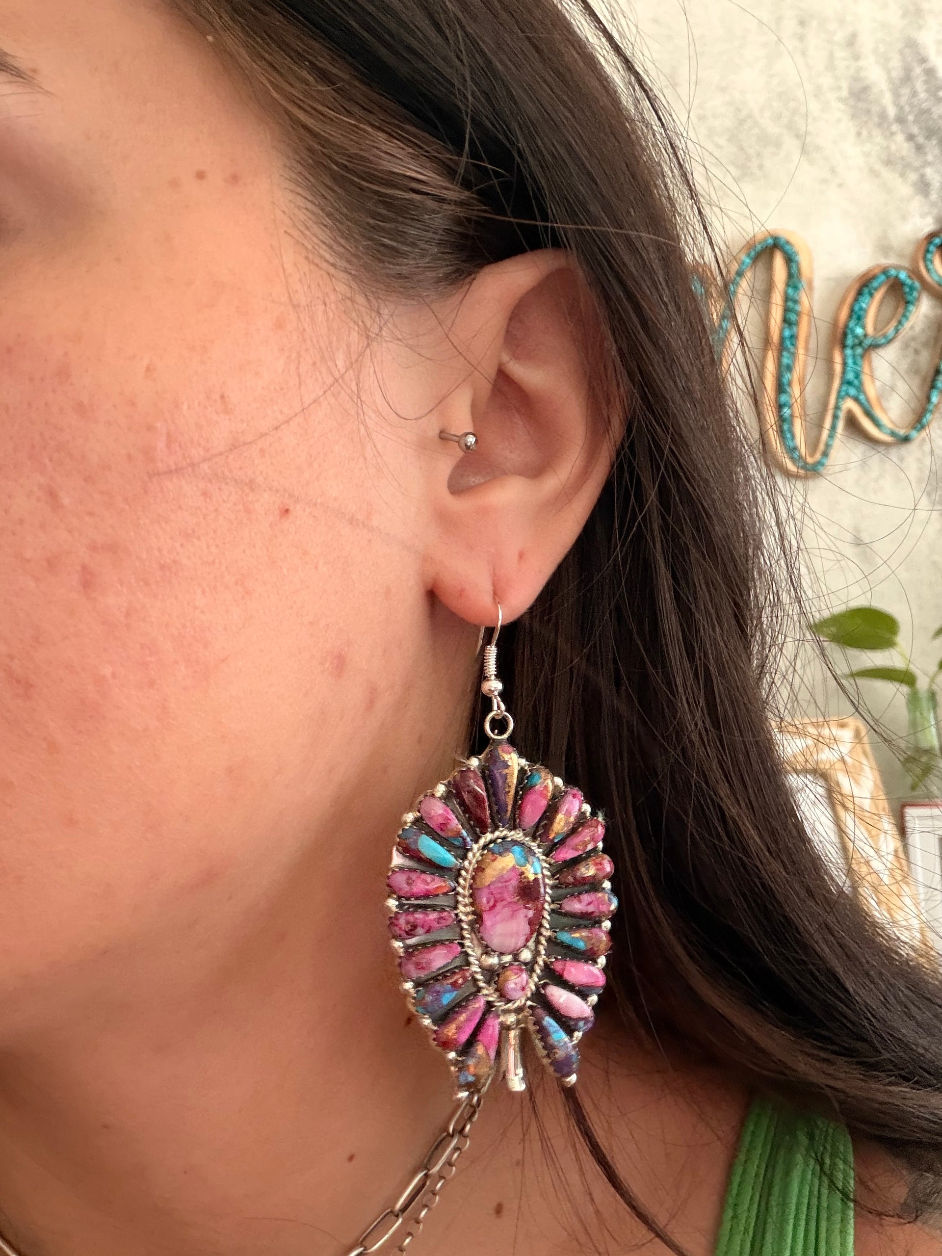 Navajo Made Pink Mohave Turquoise & Sterling Silver Cluster Dangle Earrings
