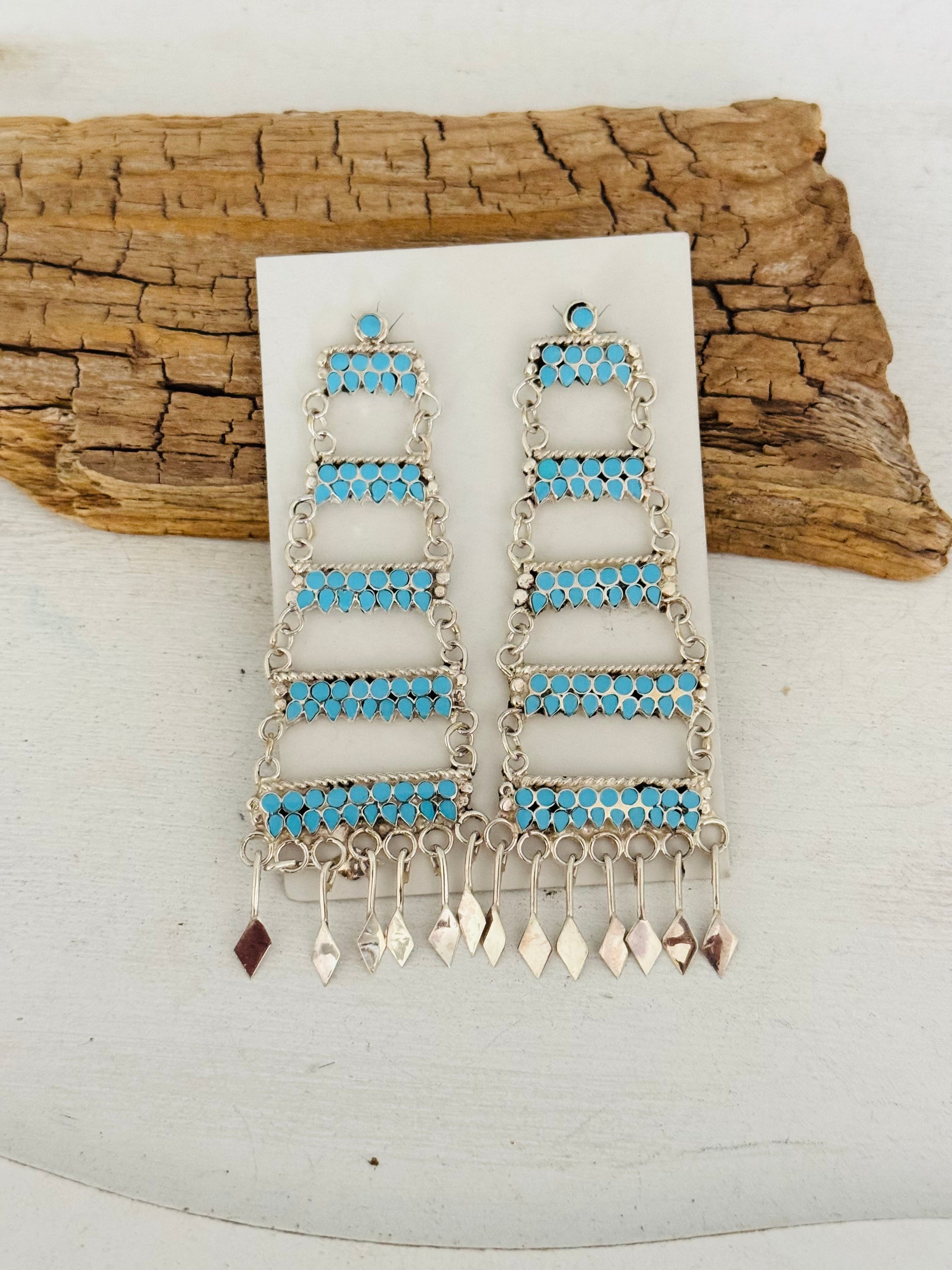 Zuni Made Kingman Turquoise & Sterling Silver Post Dangle Earrings