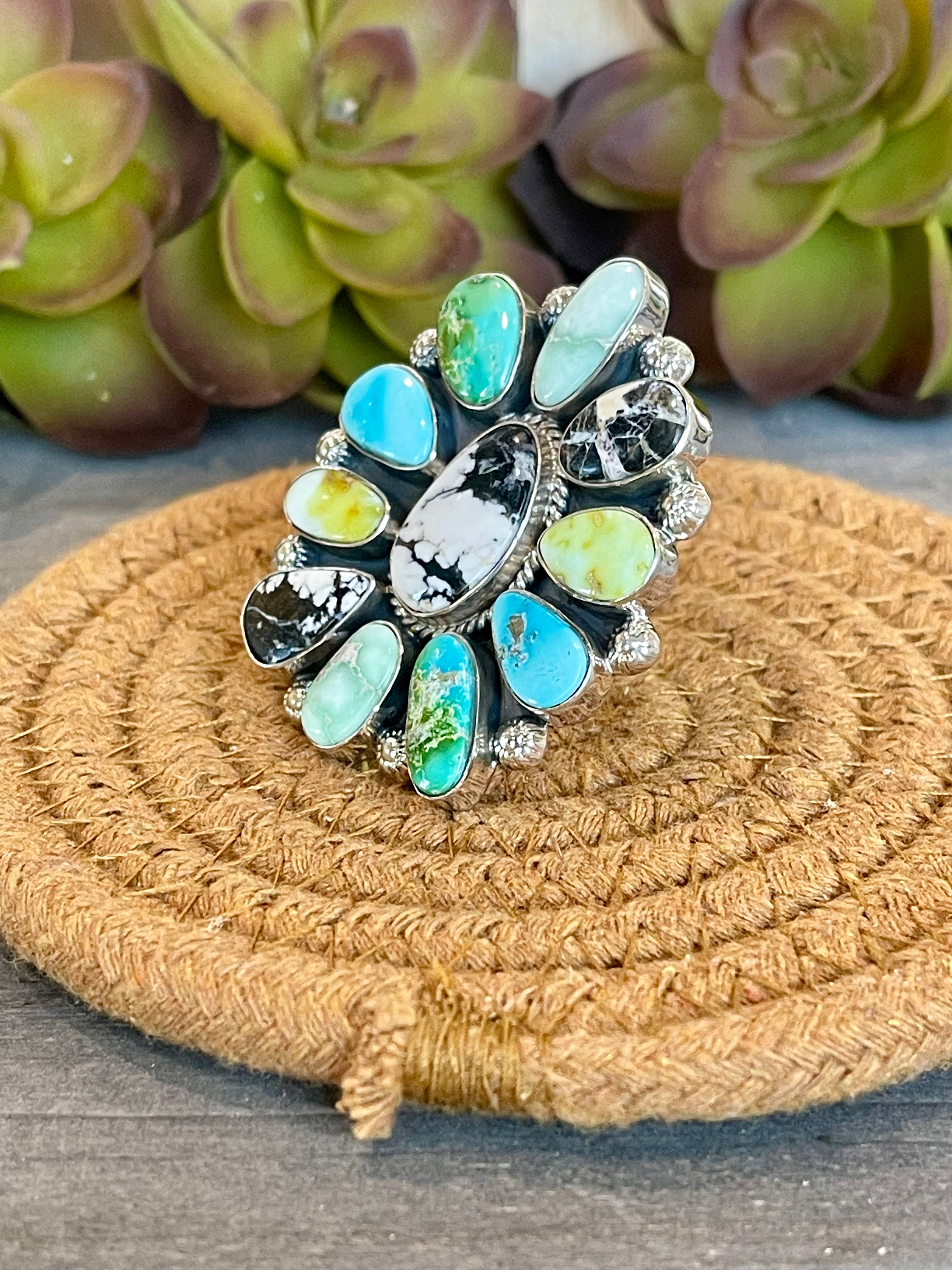 Southwest Handmade Multi Stone & Sterling Silver Adjustable Ring