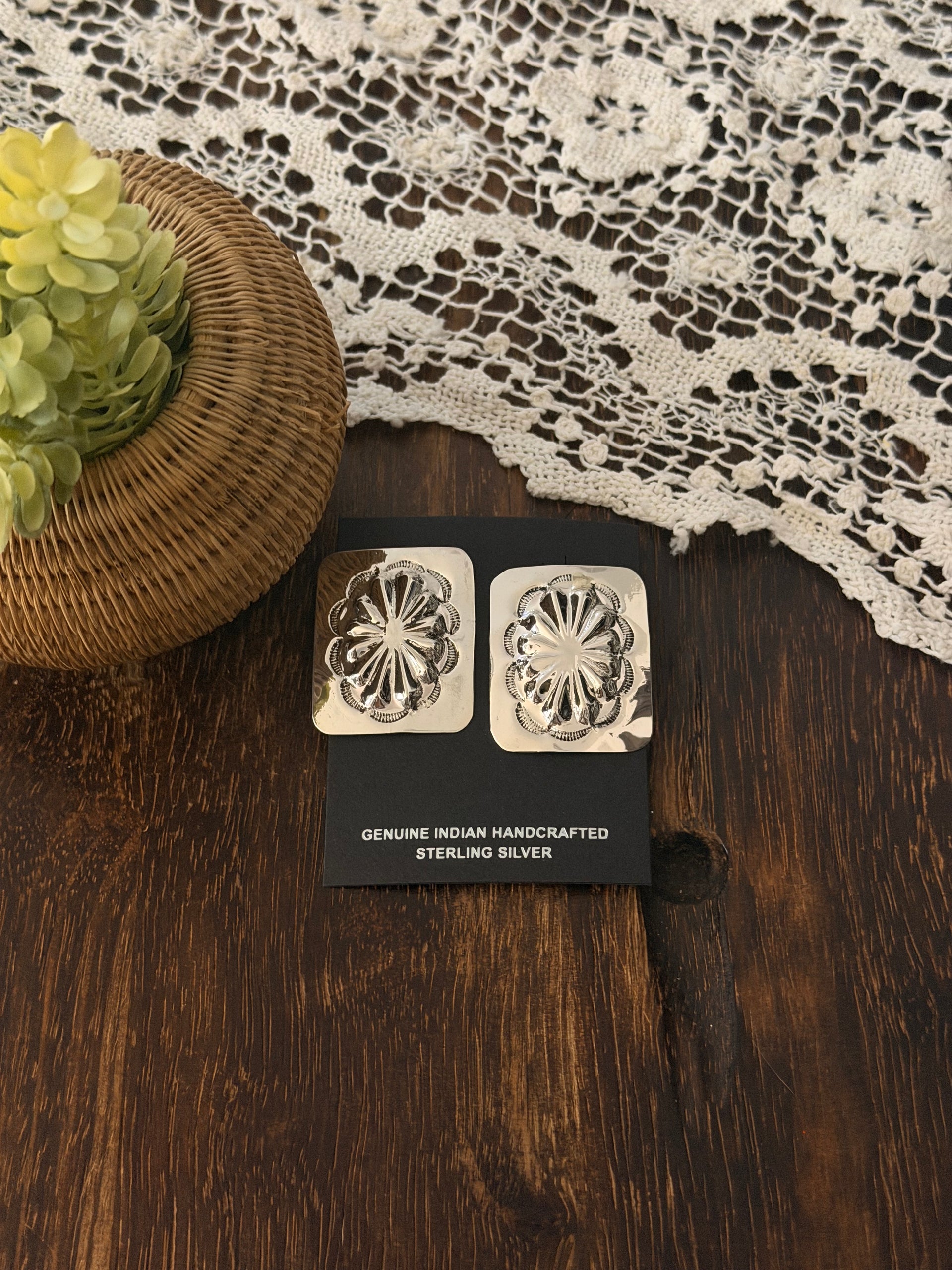 Navajo Made Sterling Silver Post Concho Earrings