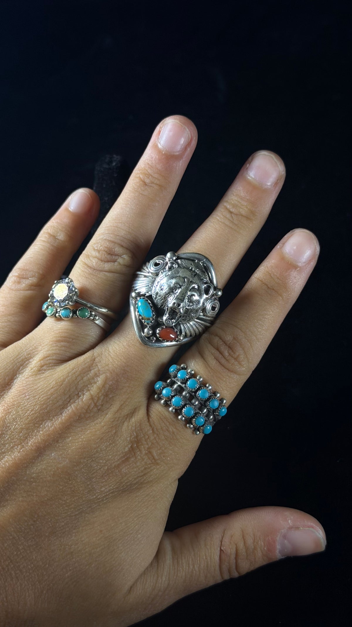 Navajo Made Multi Stone & Sterling Silver Bear Ring