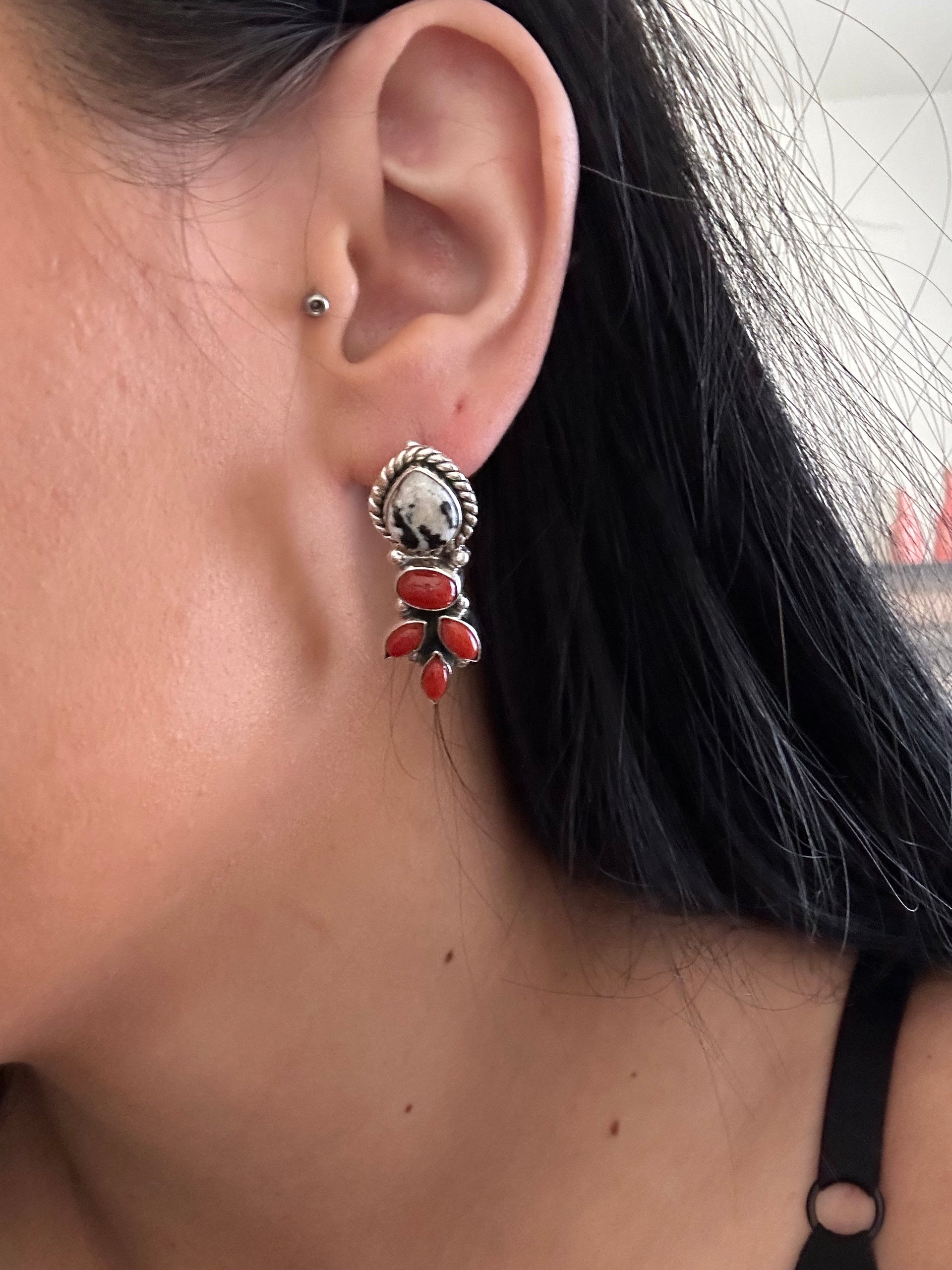 Southwest Handmade Multi Stone & Sterling Silver Post Cluster Dangle Earrings