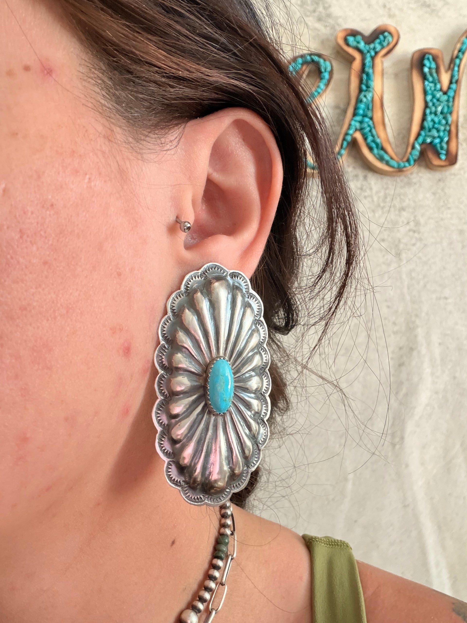 Rita Lee Kingman Turquoise & Sterling Silver Post Dangle Concho Earrings