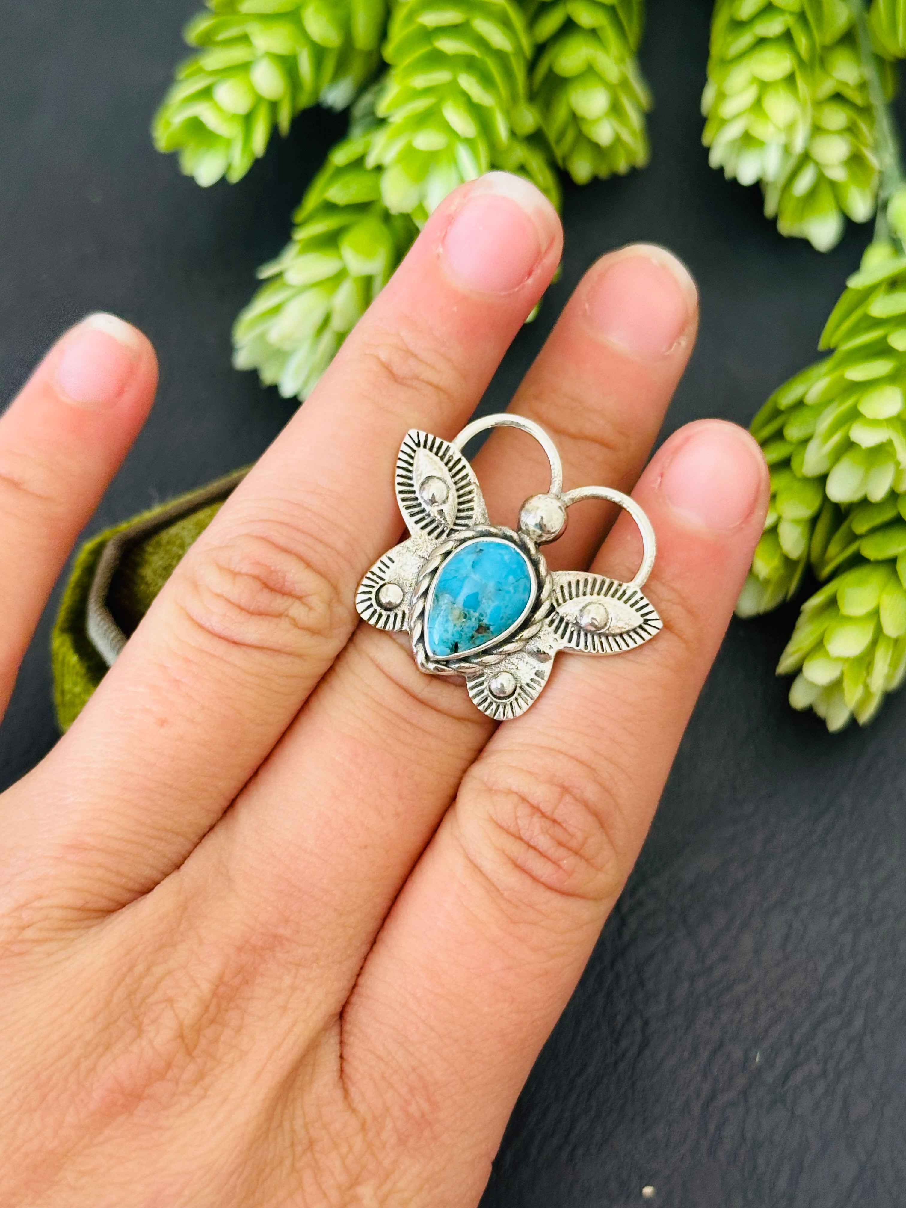 Southwest Handmade Kingman Turquoise & Sterling Silver Adjustable Butterfly Ring