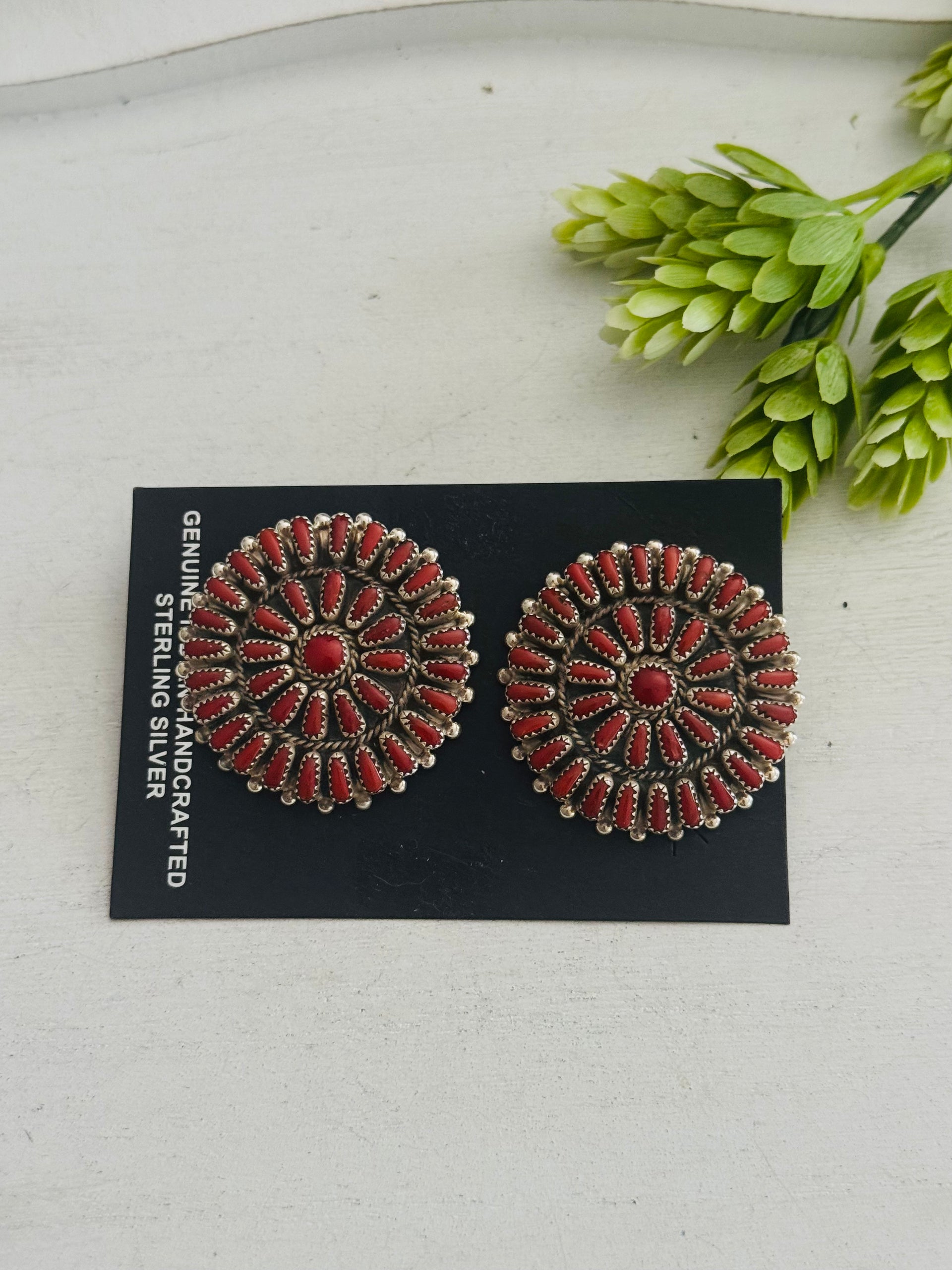 Zuni Made Coral & Sterling Silver Post Cluster Earrings