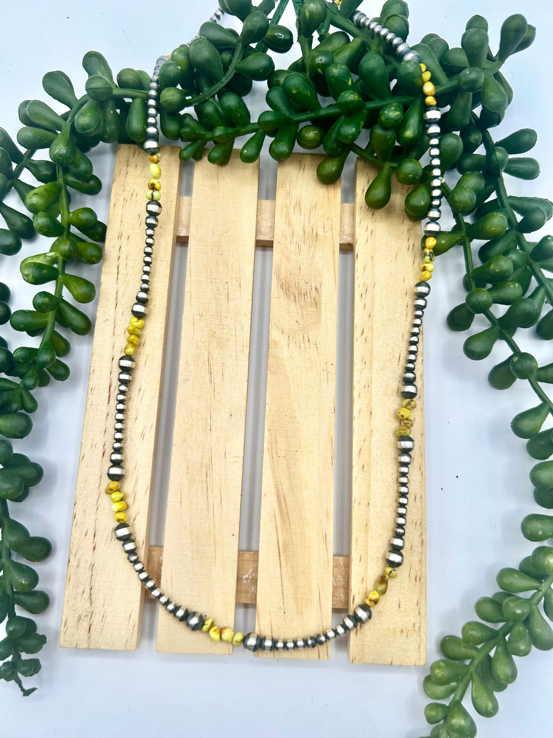 Navajo Made Strung Palomino Variscite & Sterling Silver Necklace