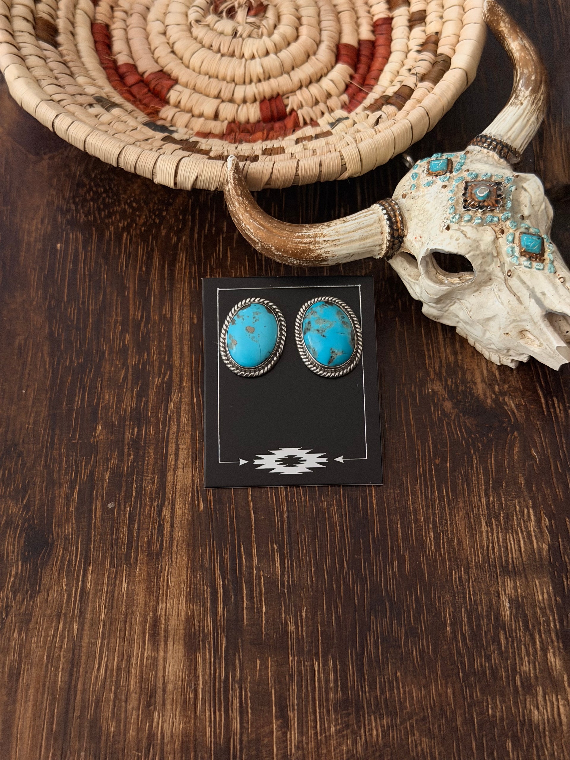 Navajo Made Kingman Turquoise & Sterling Silver Post Earrings