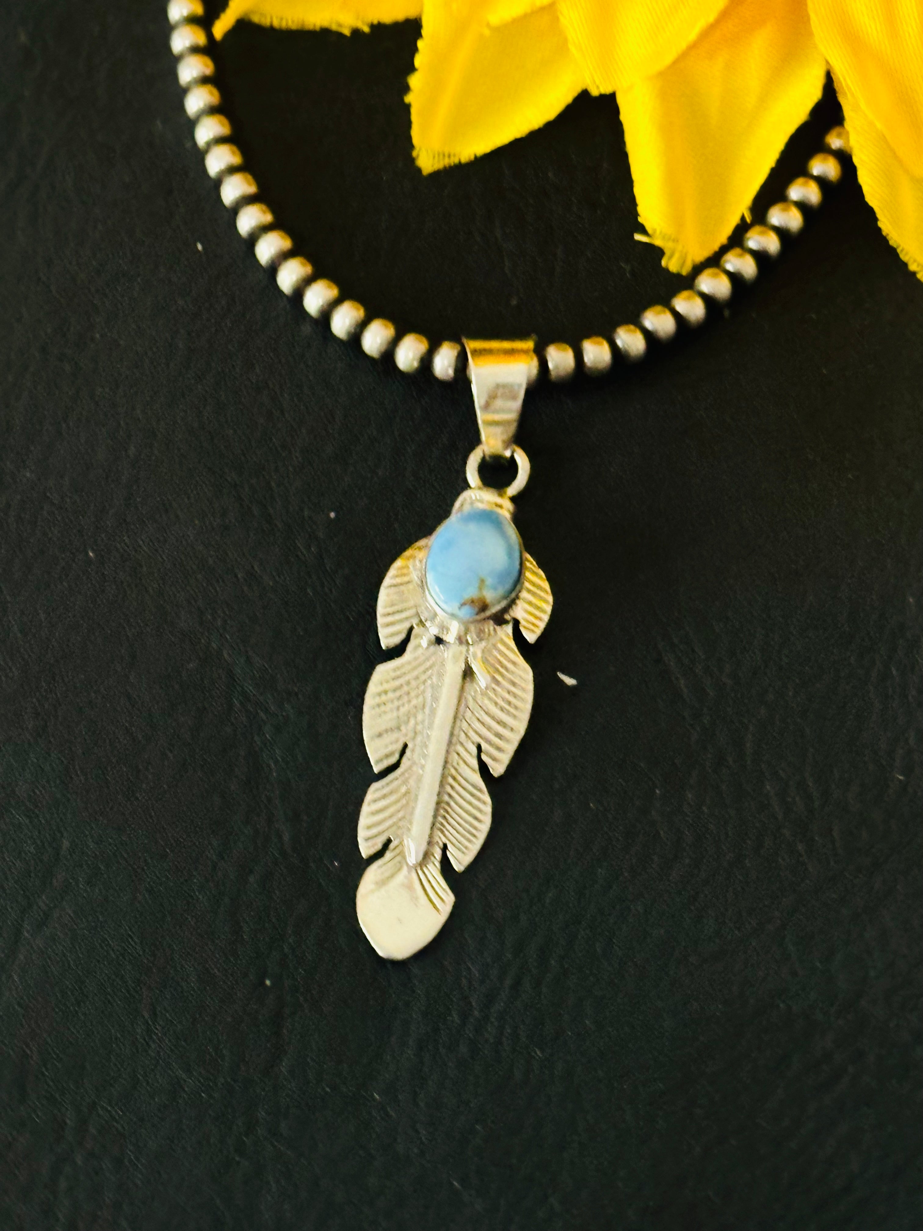 Jereme Delgarito Golden Hills Turquoise & Sterling Silver Feather Pendant