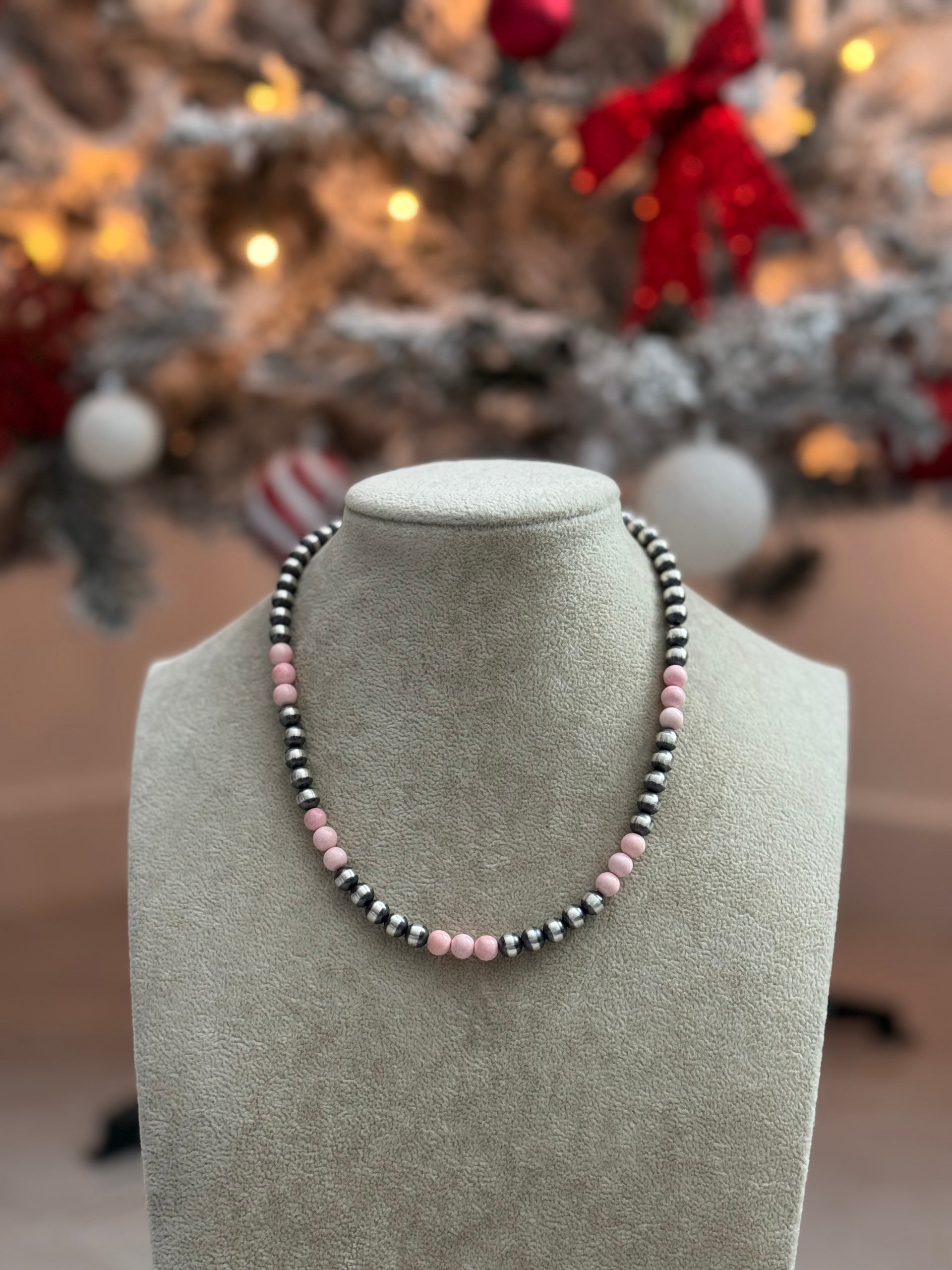Navajo Strung Pink Conch & Sterling Silver Pearl Necklace