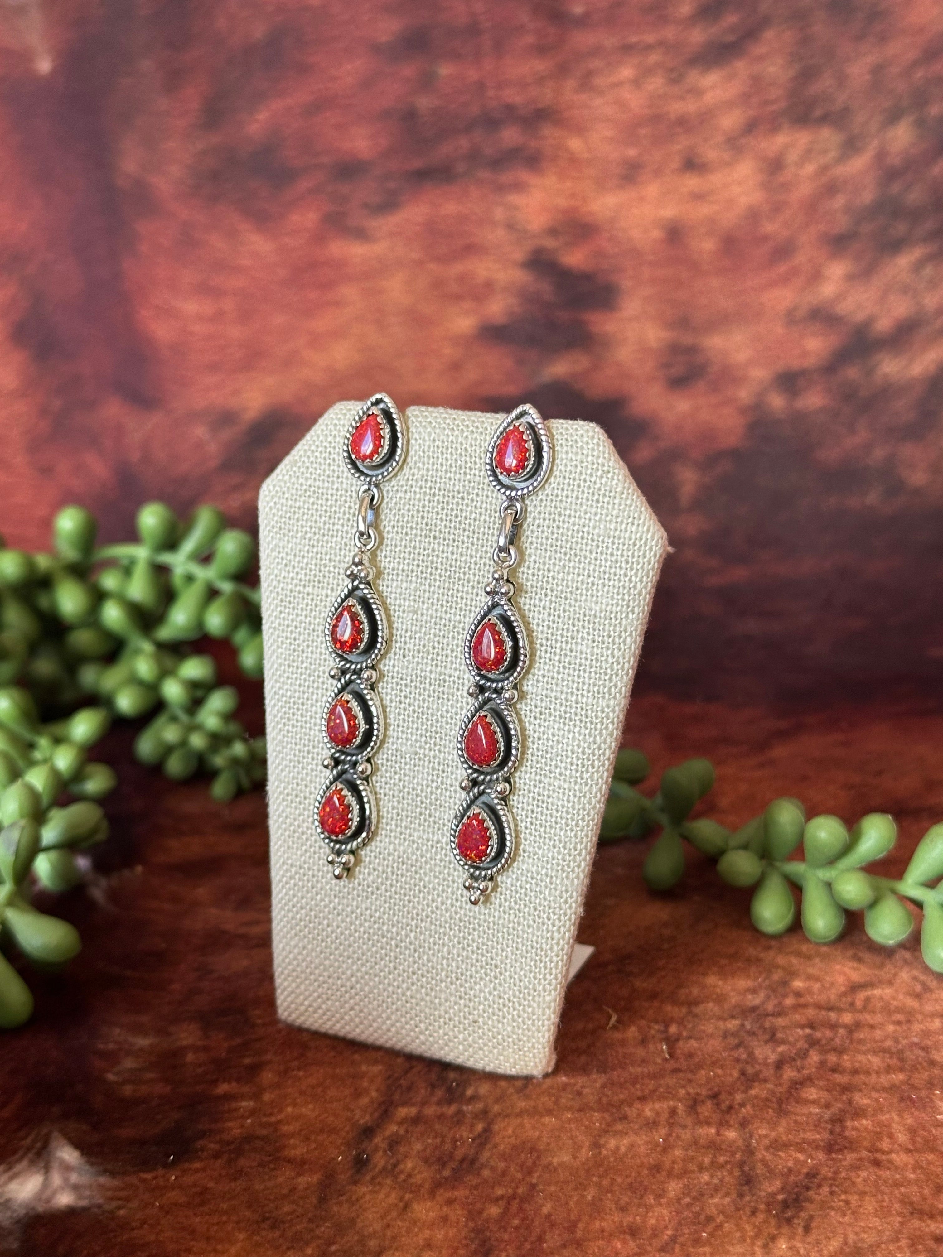 Southwest Handmade Red Opal & Sterling Silver Post Dangle Earrings