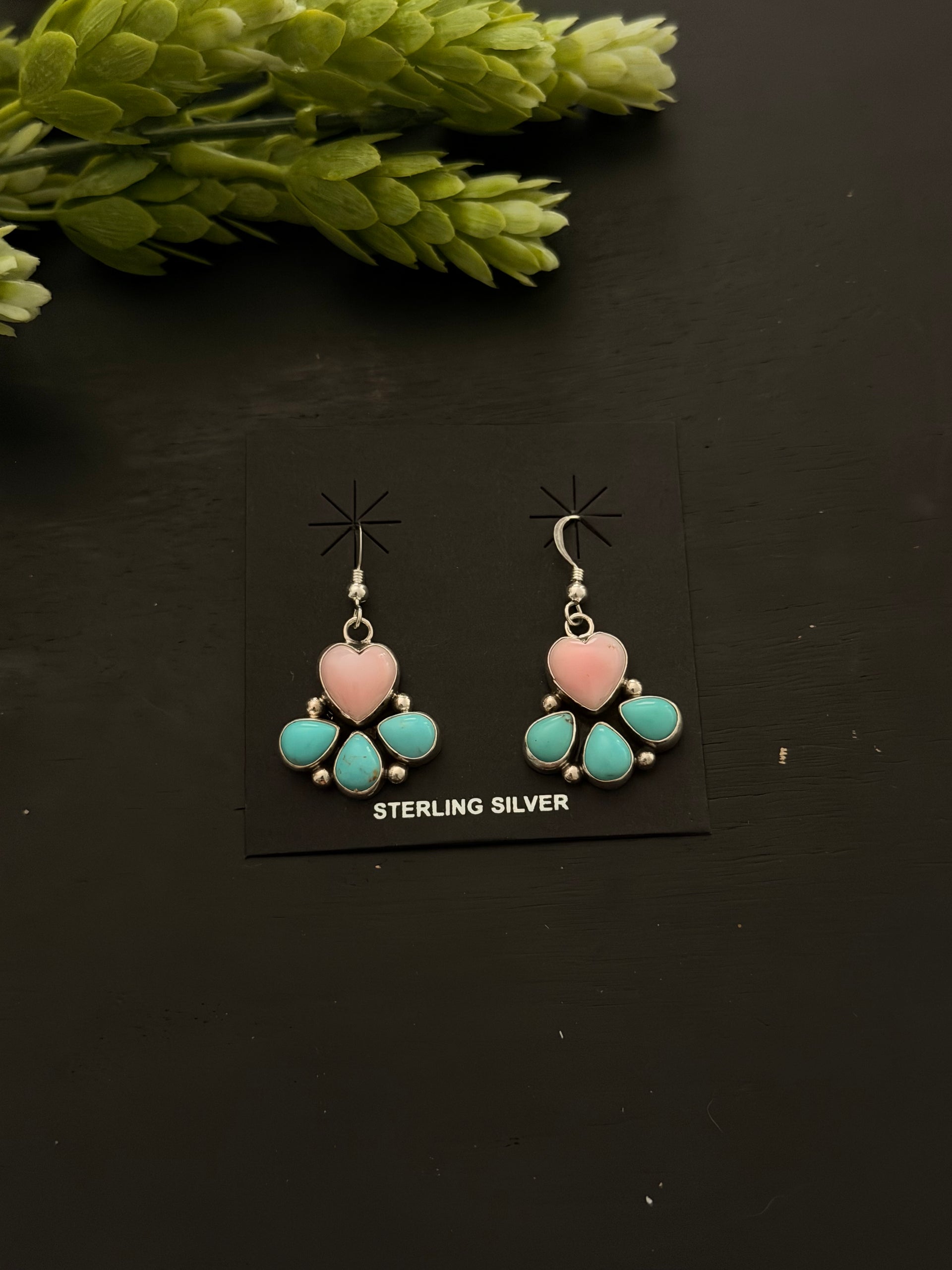 Navajo Made Multi Stone & Sterling Silver Dangle Cluster Earrings
