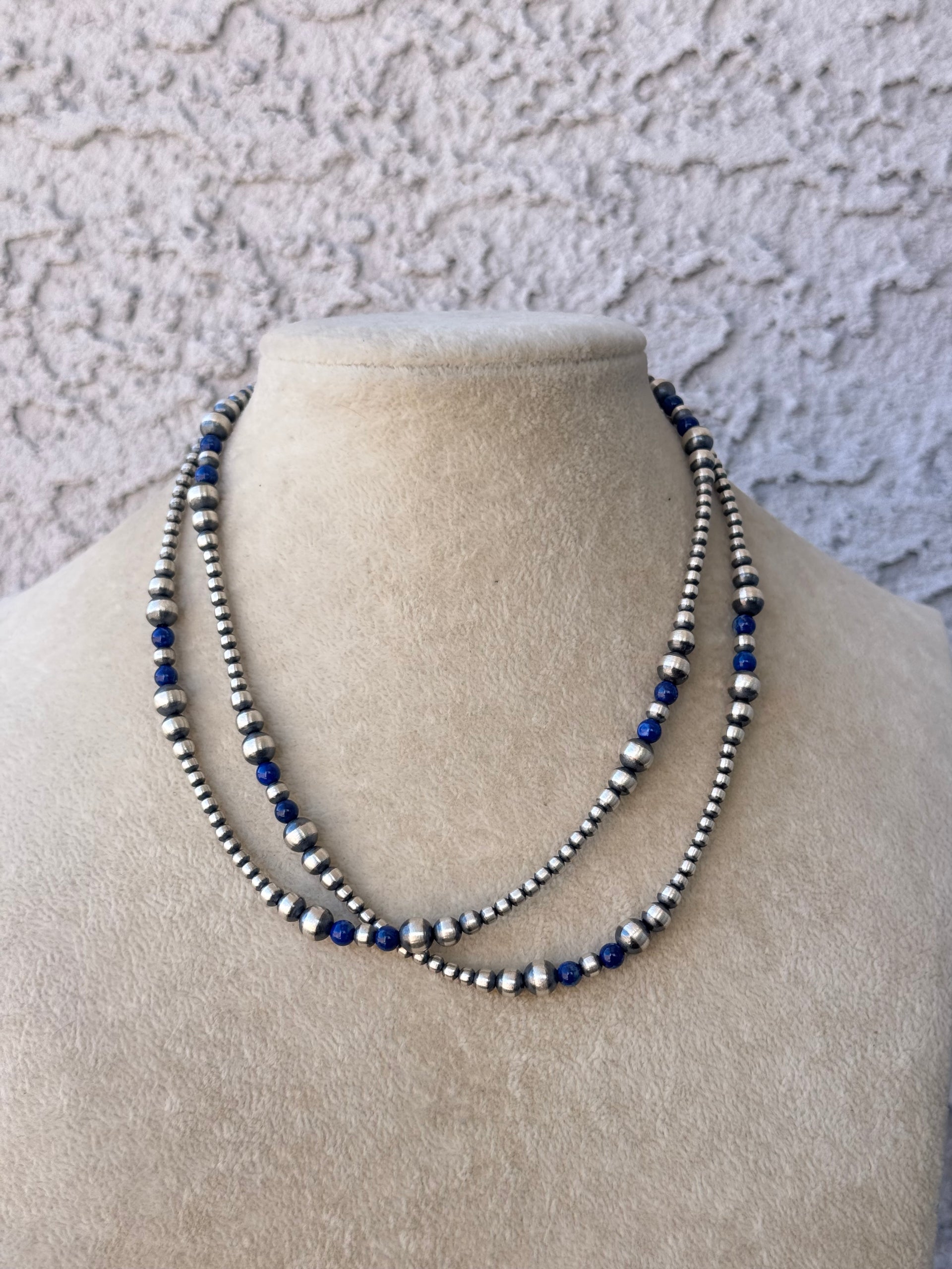Navajo Strung Lapis & Sterling Silver Graduated Pearl Necklace