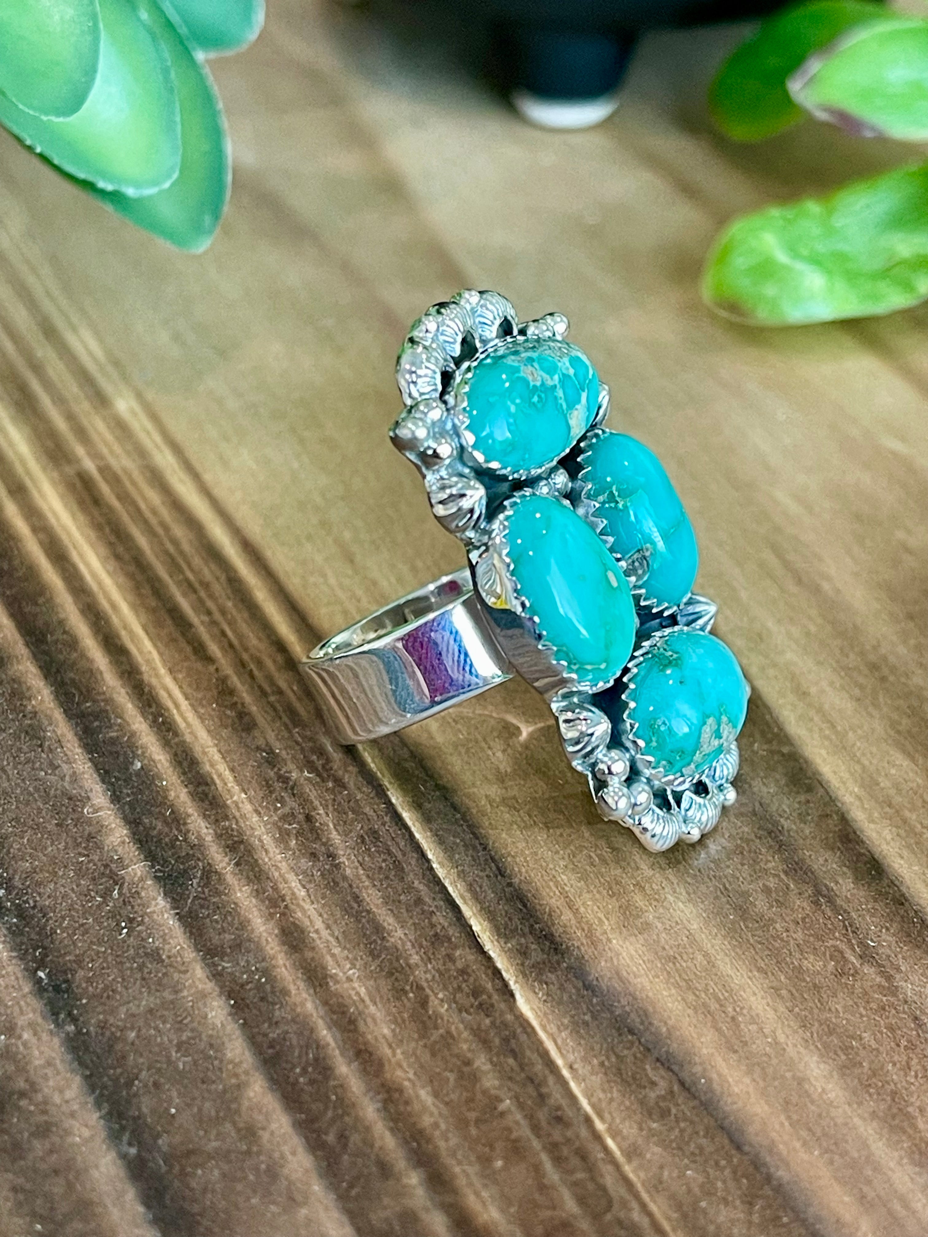 Southwest Handmade Emerald Valley Turquoise & Sterling Silver Adjustable Cluster Ring